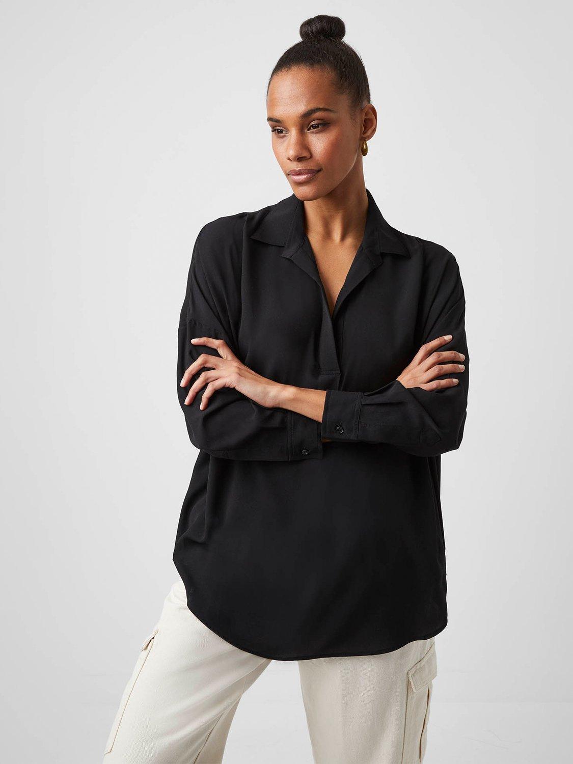 Product image 1 of 3, which shows French Connection Rhodes Recycled Crepe Popover Shirt, Black, XS