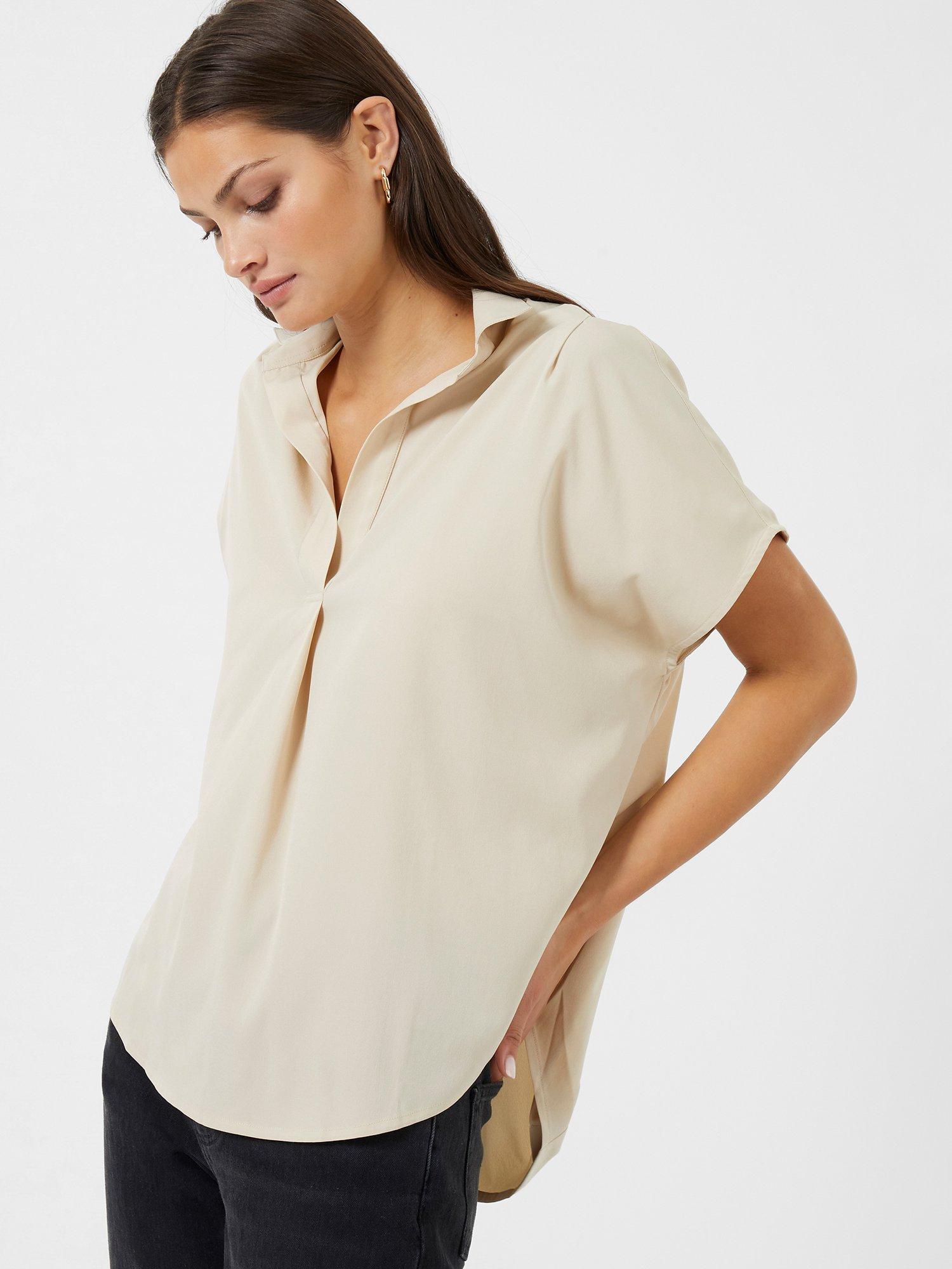 French Connection Crepe Short Sleeve V-Neck Blouse, Wild Wheat, XS