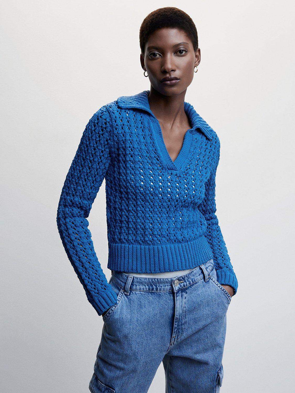 Mango Netty Textured V-Neck Jumper, Medium Blue
