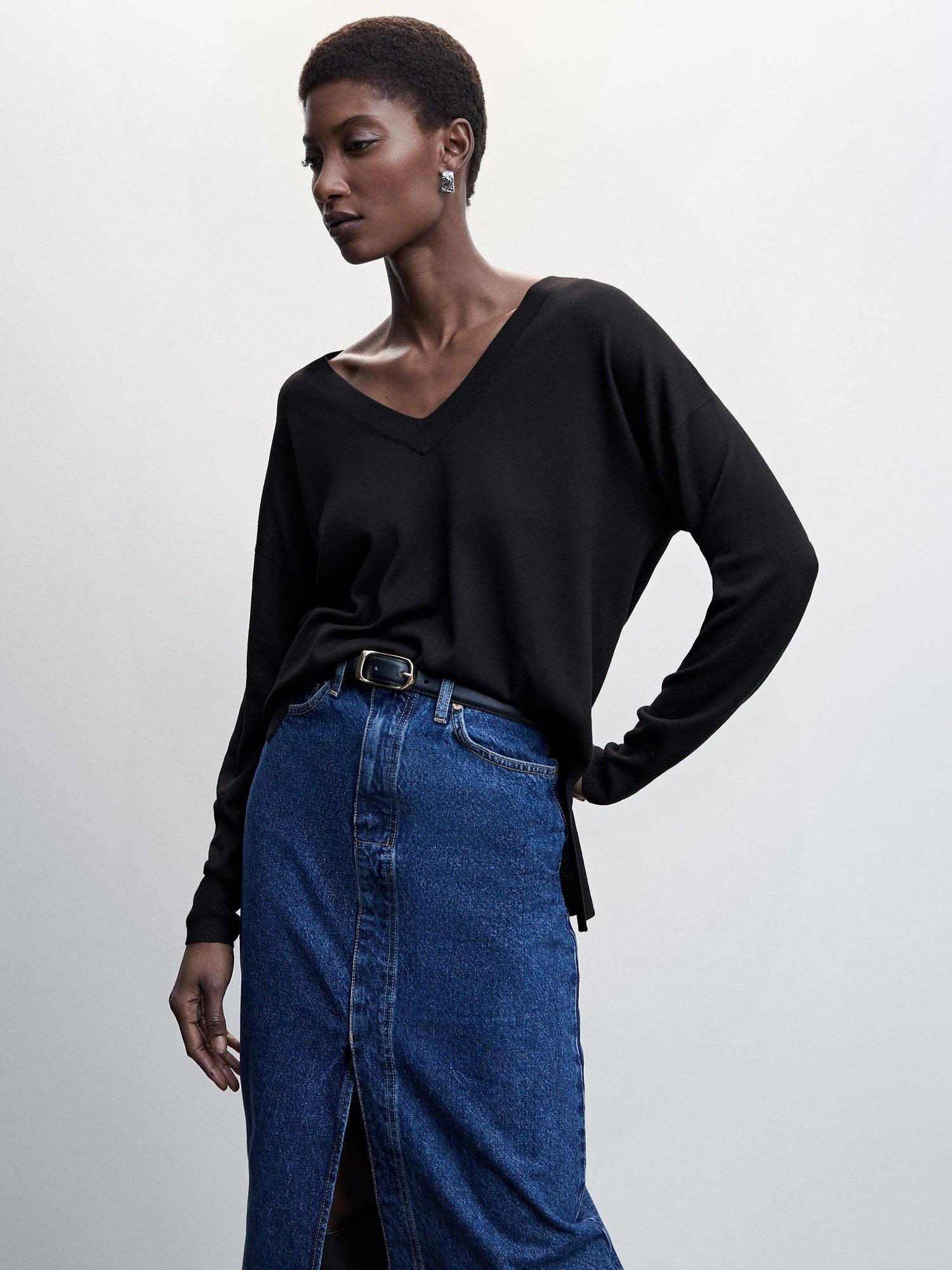 Mango Lombia V-Neck Jumper, Black