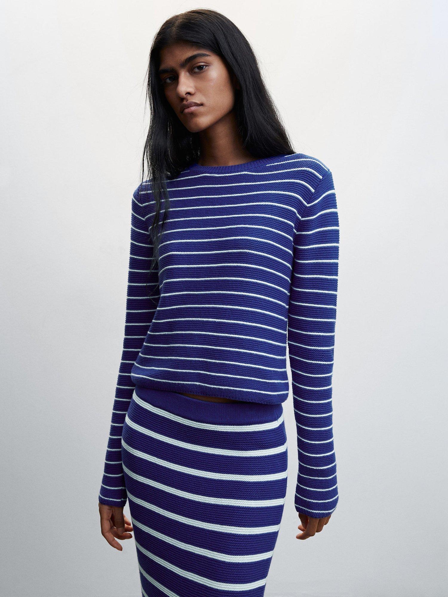 Mango Dakota Stripe Knit Jumper, Bright Blue