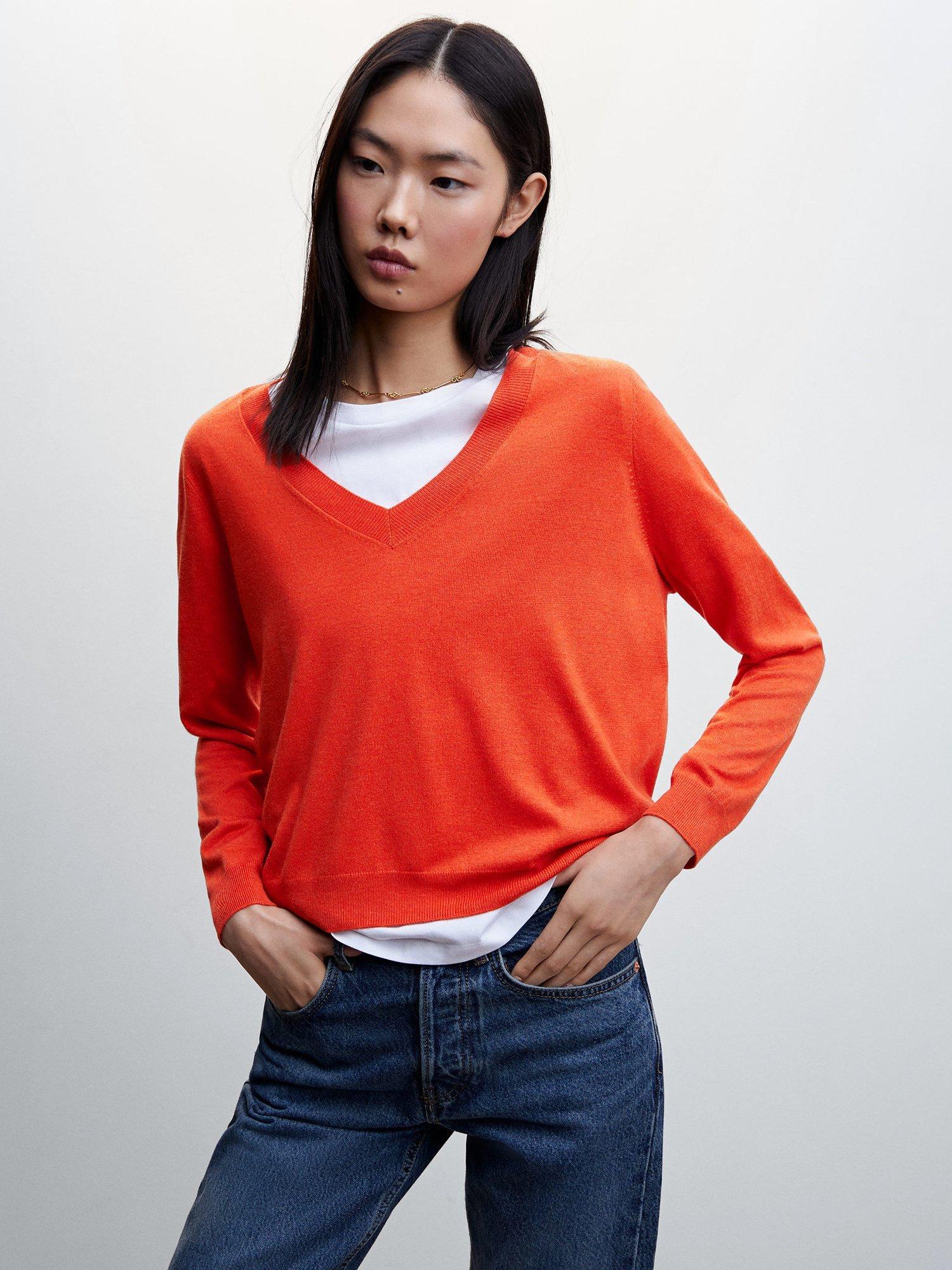 Mango Lucca V-Neck Jumper, Dark Orange
