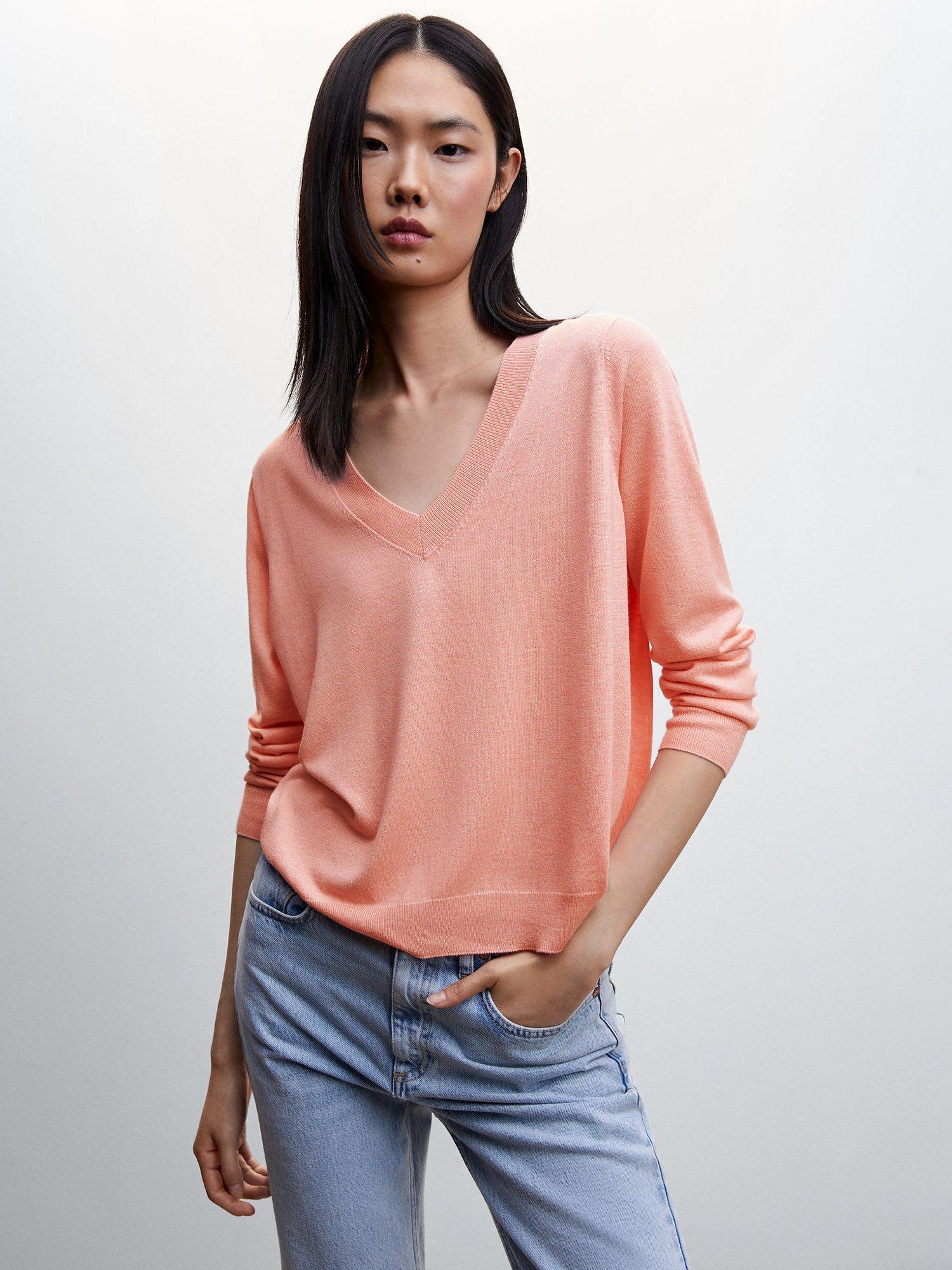 Mango Lucca V-Neck Jumper, Pastel Orange