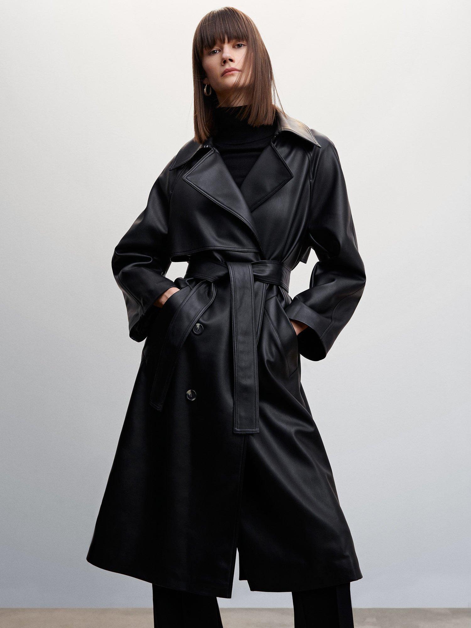 Mango Zoe Faux Leather Trench Coat, Black