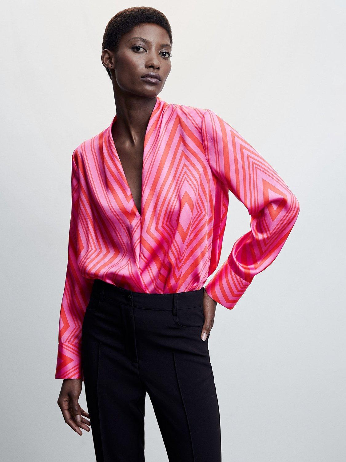 Mango Cris Satin Print Blouse, Bright Pink