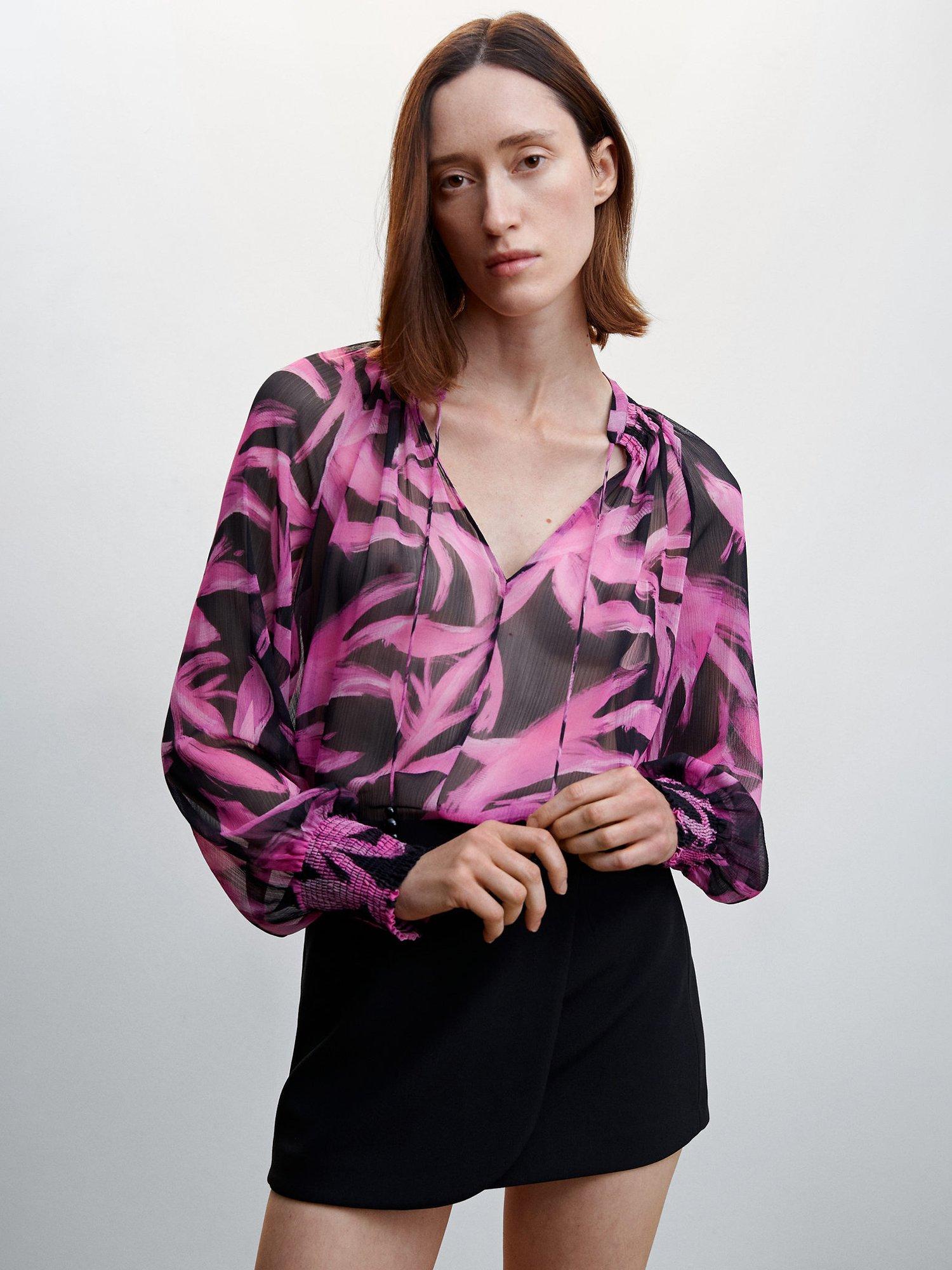 Mango Emilia Abstract Print Sheer Blouse, Black/Pink