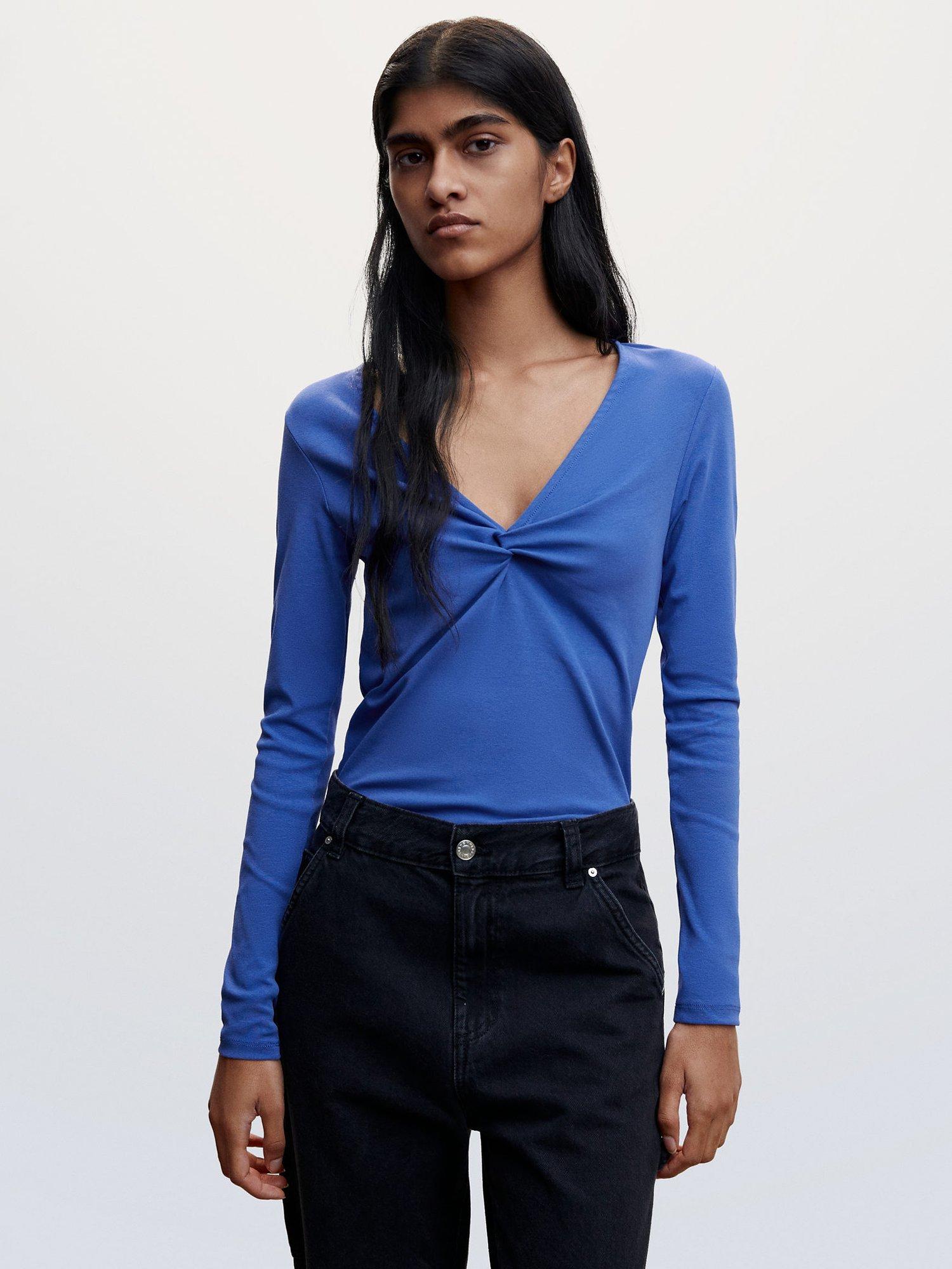 Mango Moni Knot Detail V-Neck Top, Dark Blue