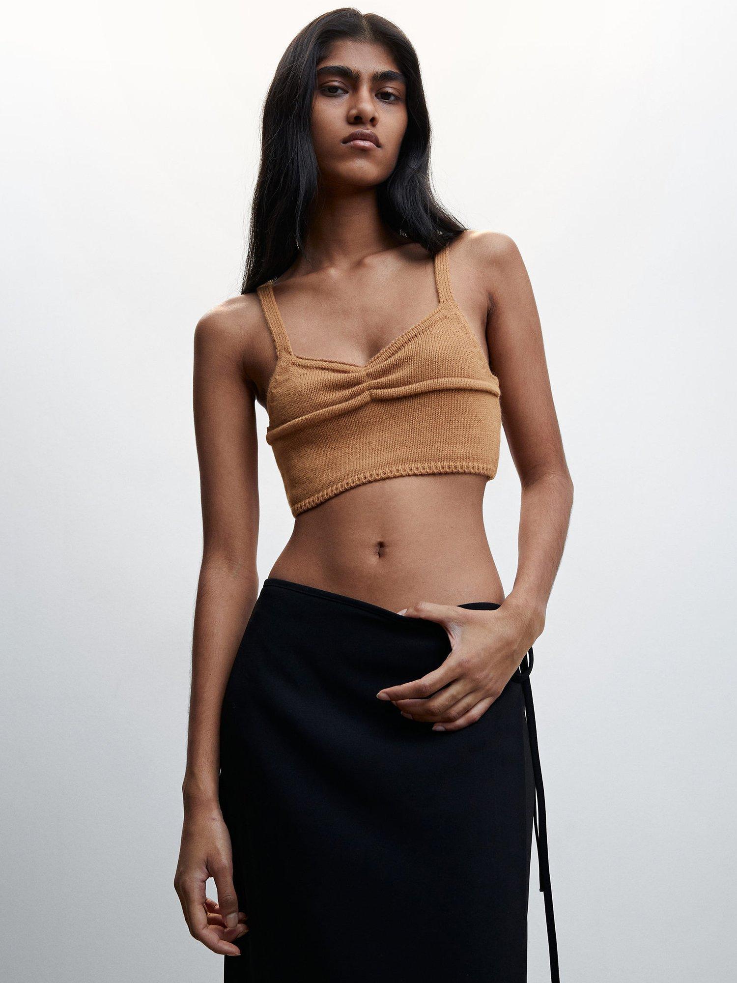Mango Paquita Knit Crop Top, Dark Brown