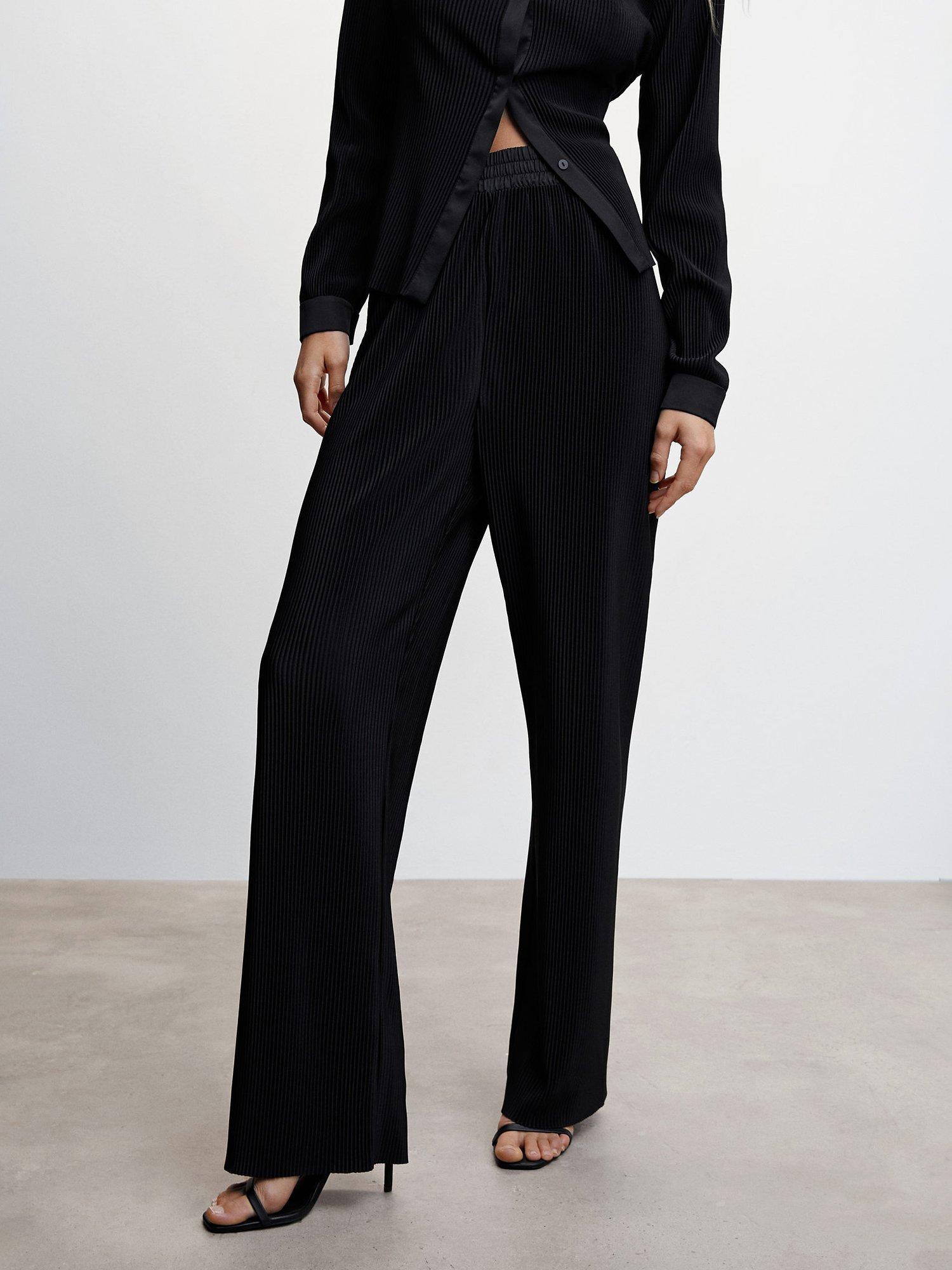 Mango Wide Leg Plisse Trousers, Black
