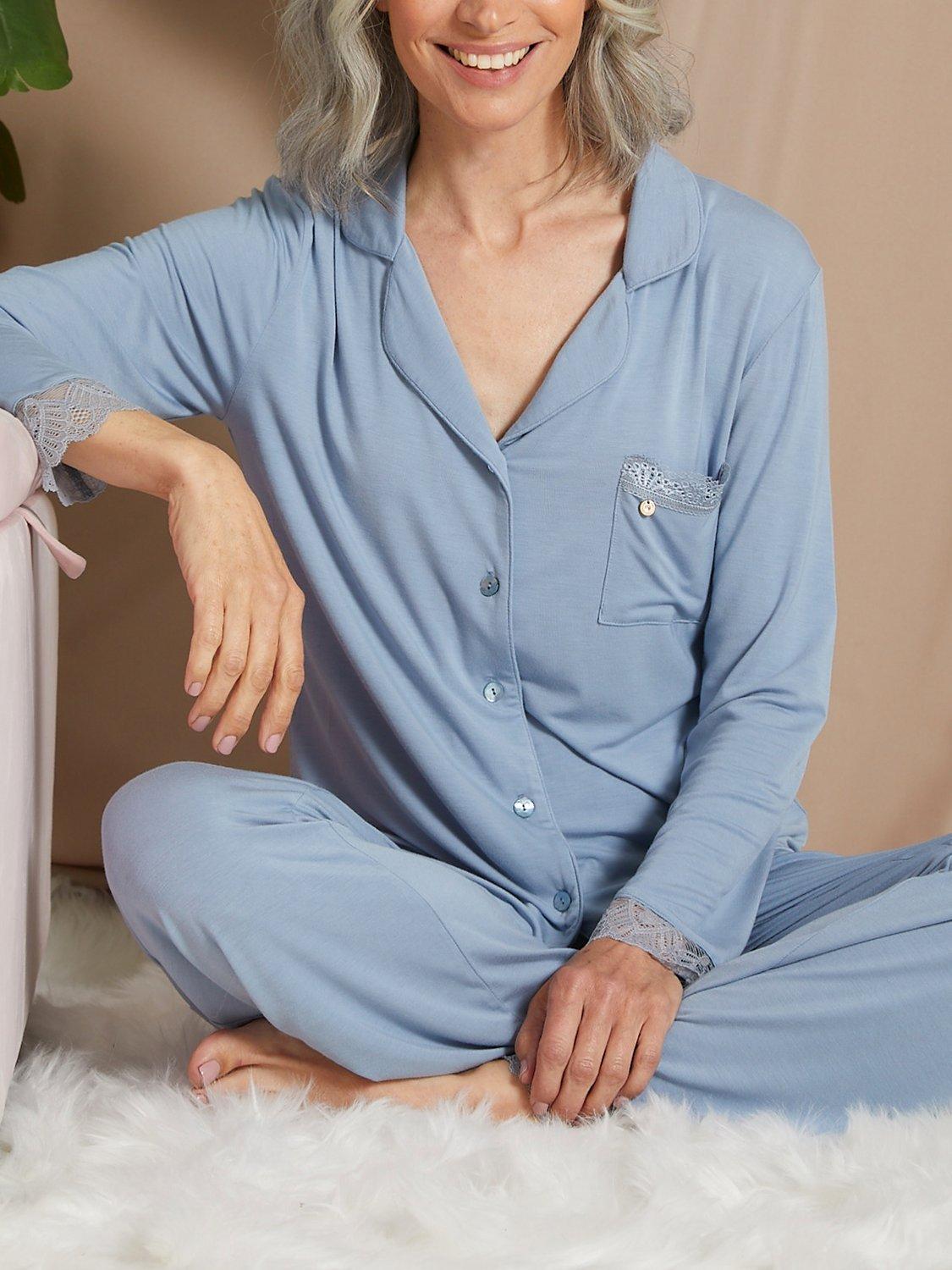 Product image 1 of 1, which shows Pretty You London Plain Lace Bamboo Shirt Pyjama Set, Blue Mist, 8
