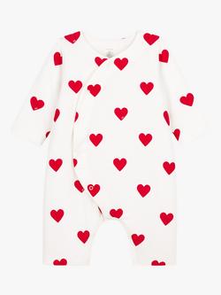 Petit Bateau Baby Organic Cotton Rib Heart Print Jumpsuit, Marshmallow/Terkuit, Marshmallow/Terkuit