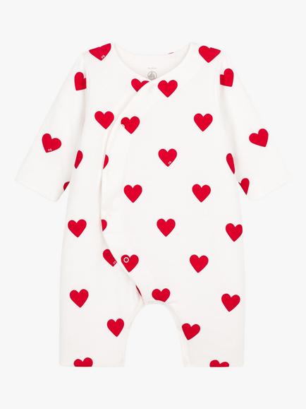 Petit Bateau Baby Organic Cotton Rib Heart Print Jumpsuit, Marshmallow/Terkuit, Marshmallow/Terkuit