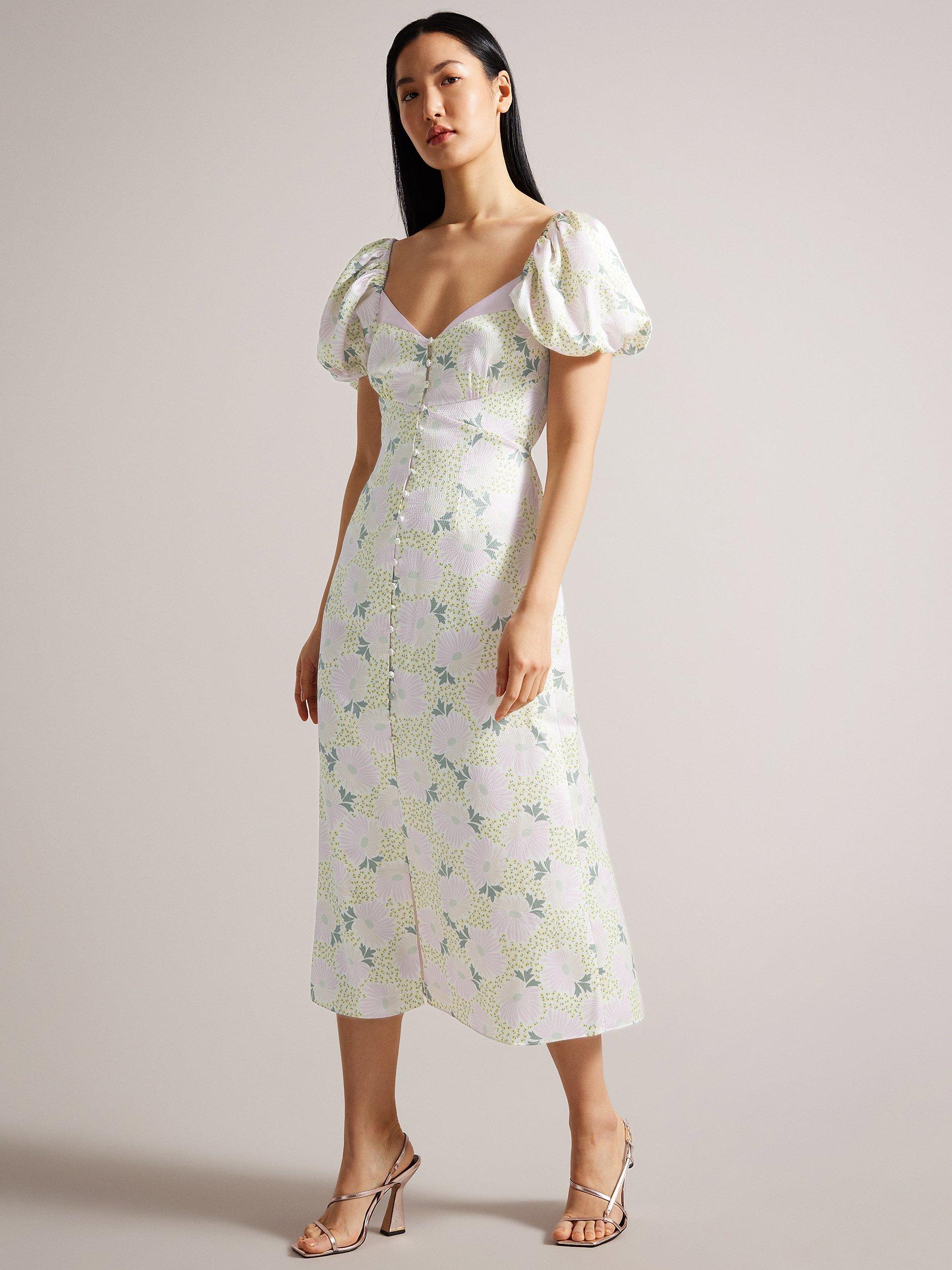 Ted Baker Ledaah Puff Sleeve Floral Midi Dress, Lilac/Multi