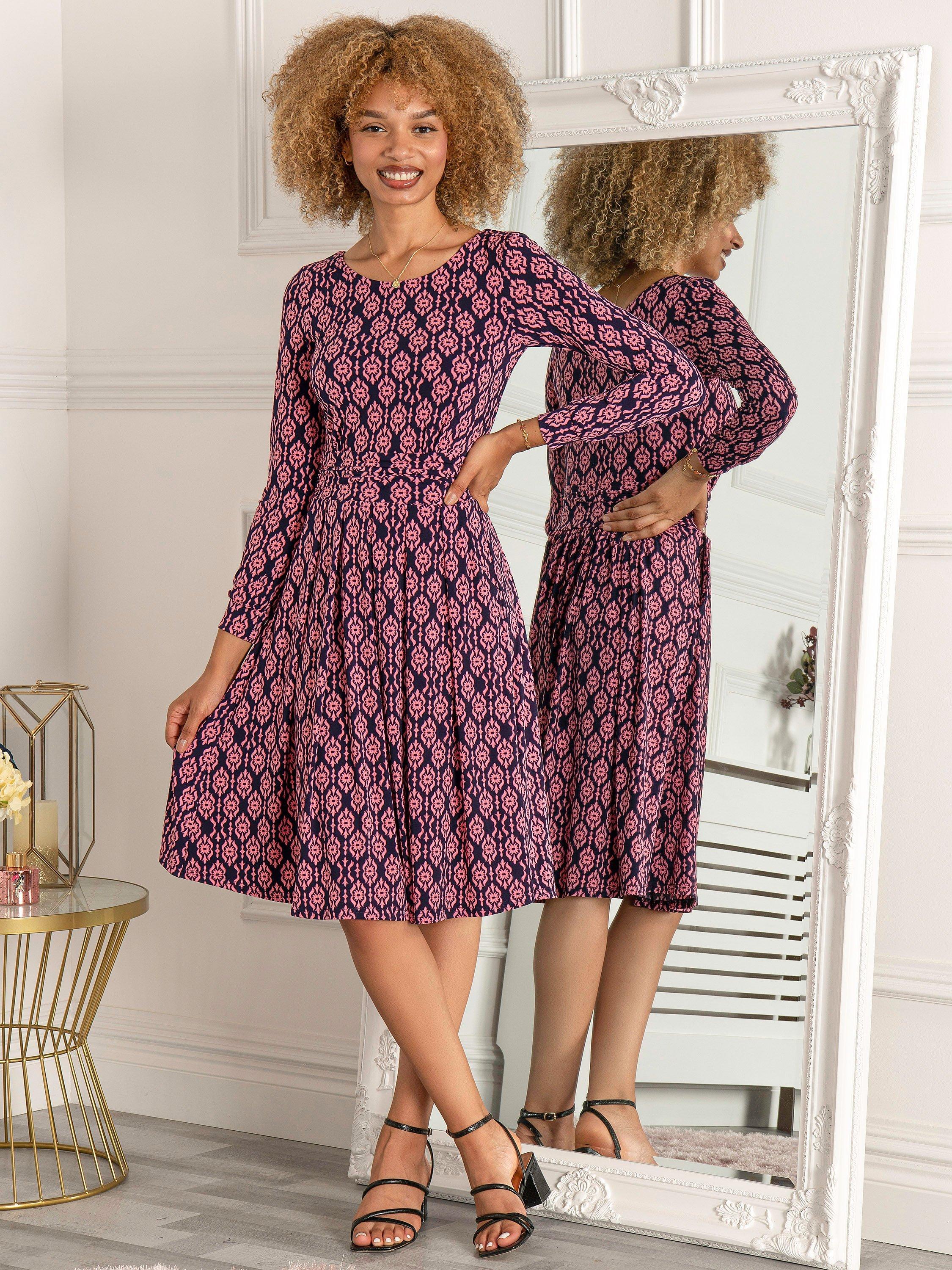 Jolie Moi Kalani Long Sleeve Dress, Navy Geometric