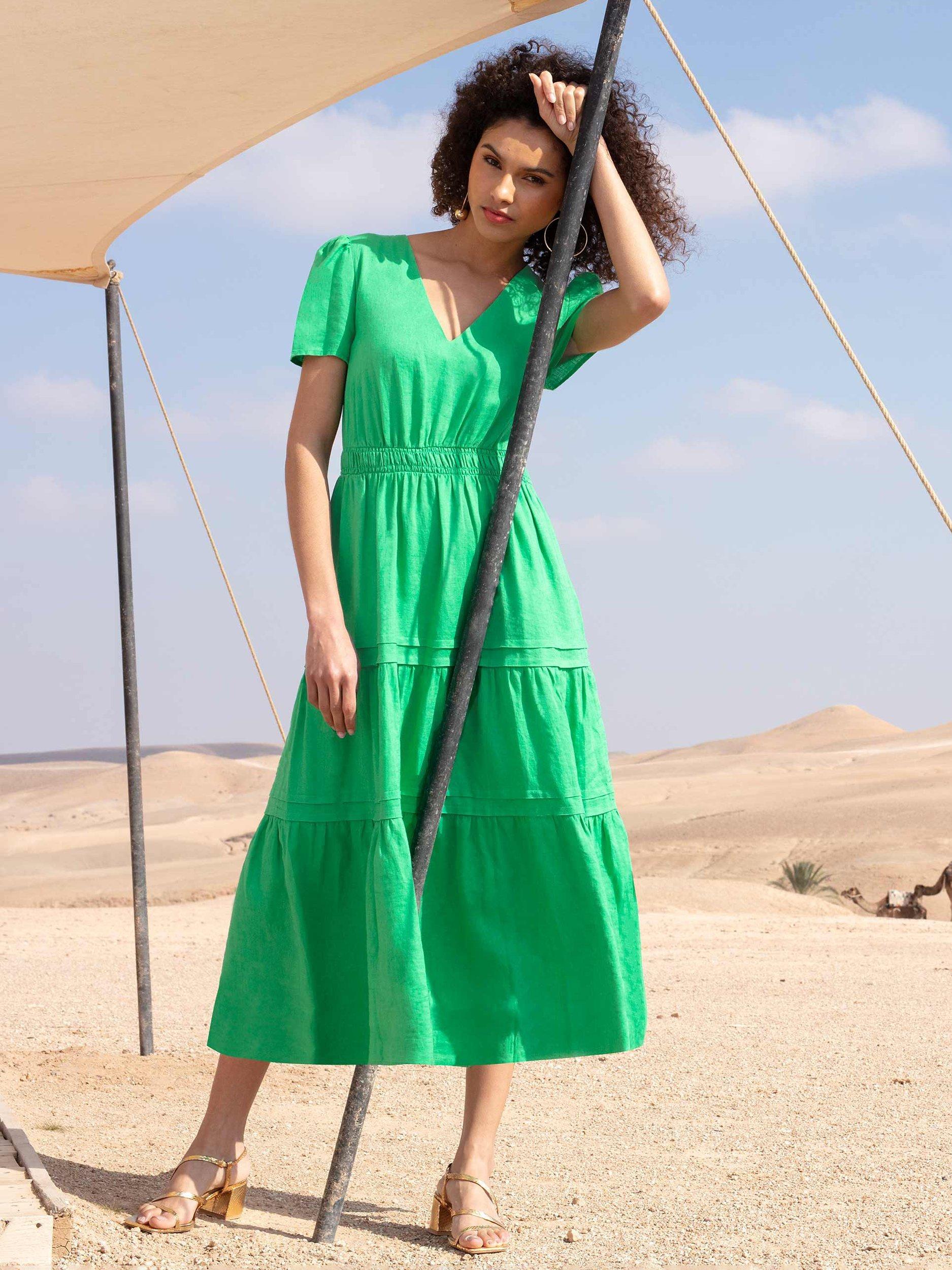 Ro&Zo Shirred Waist Midi Linen Dress, Green