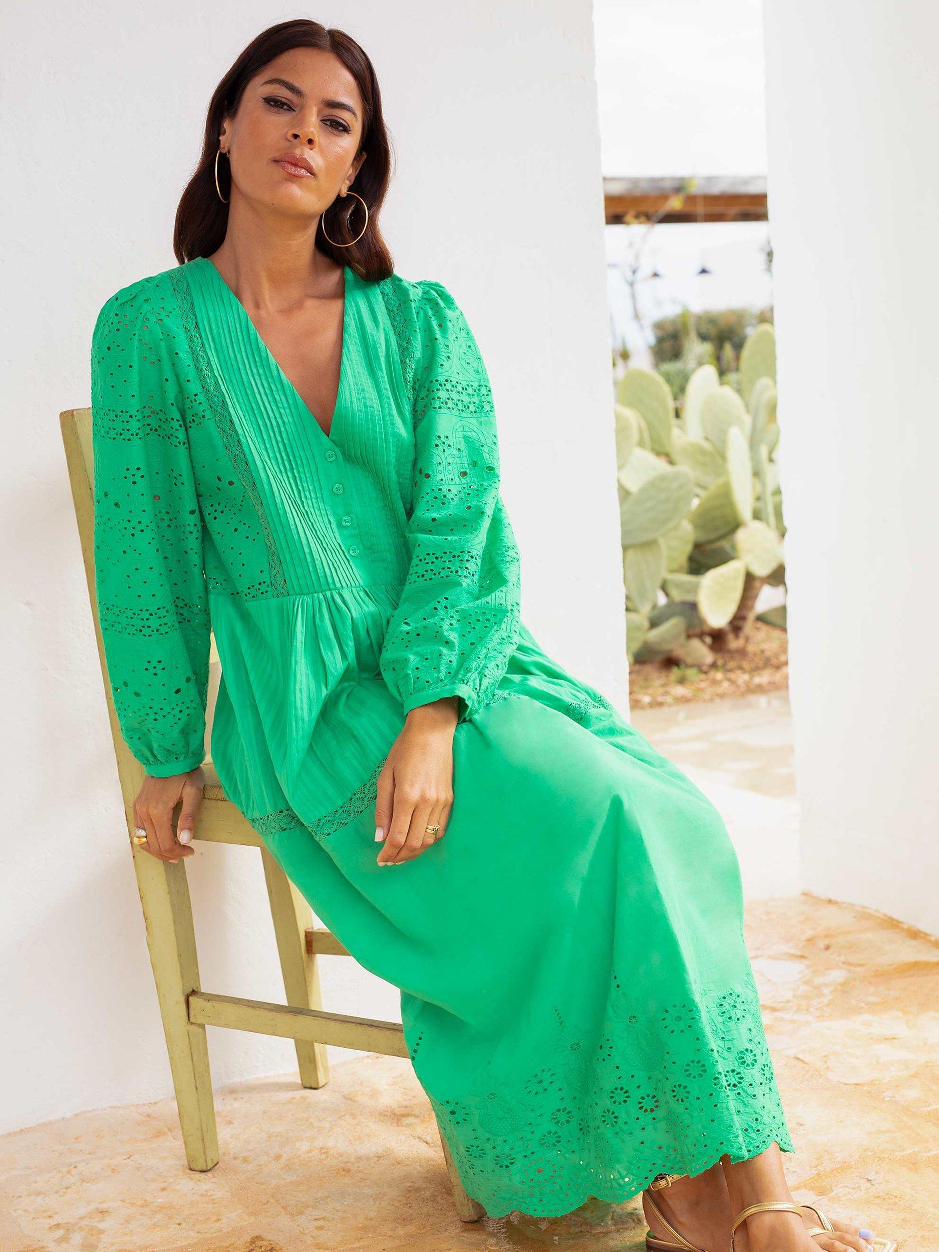 Ro&Zo Pintuck Detail Broderie Linen Midi Dress, Green