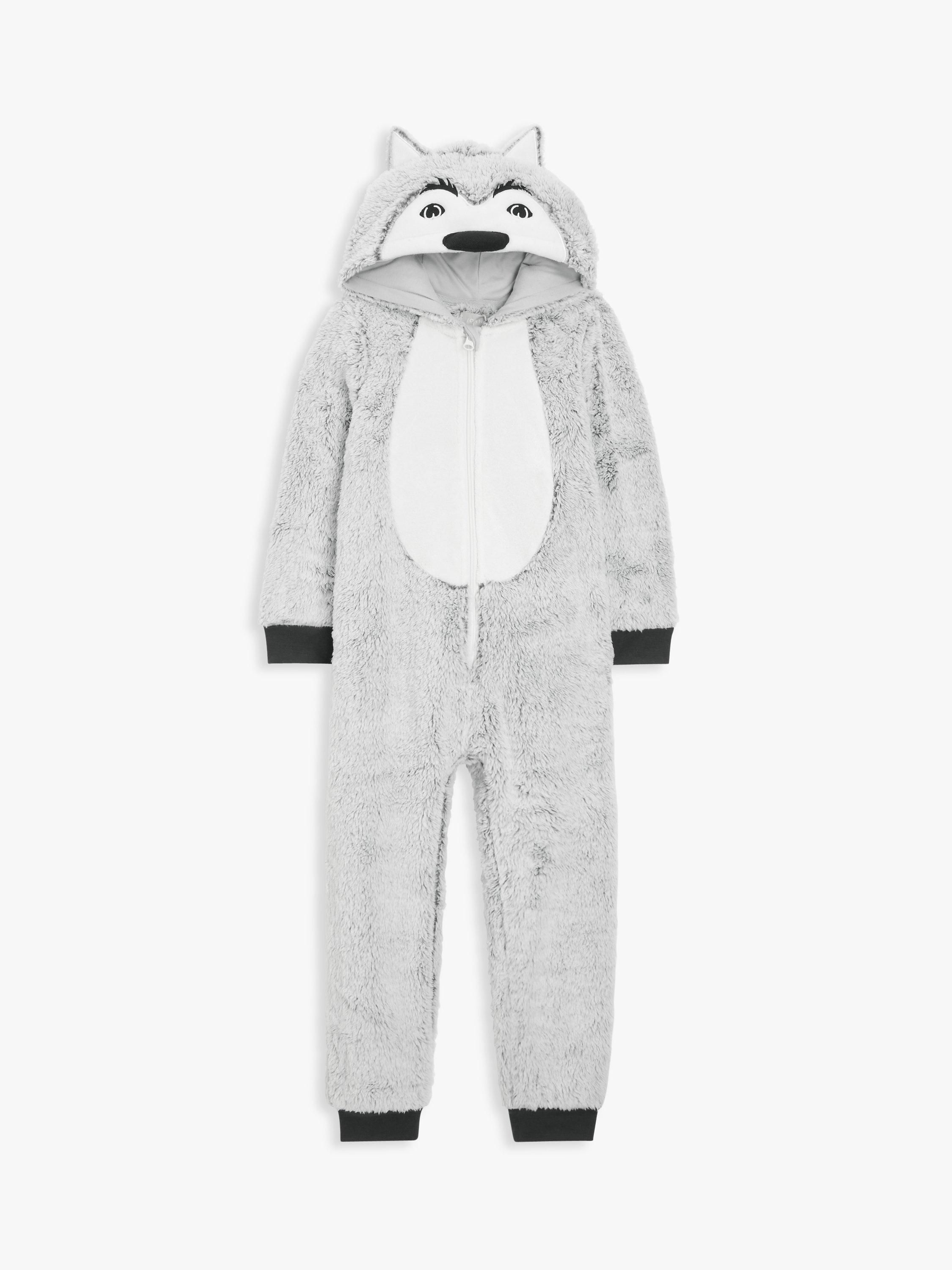 John Lewis Kids Wolf Sherpa Onesie Grey Multi