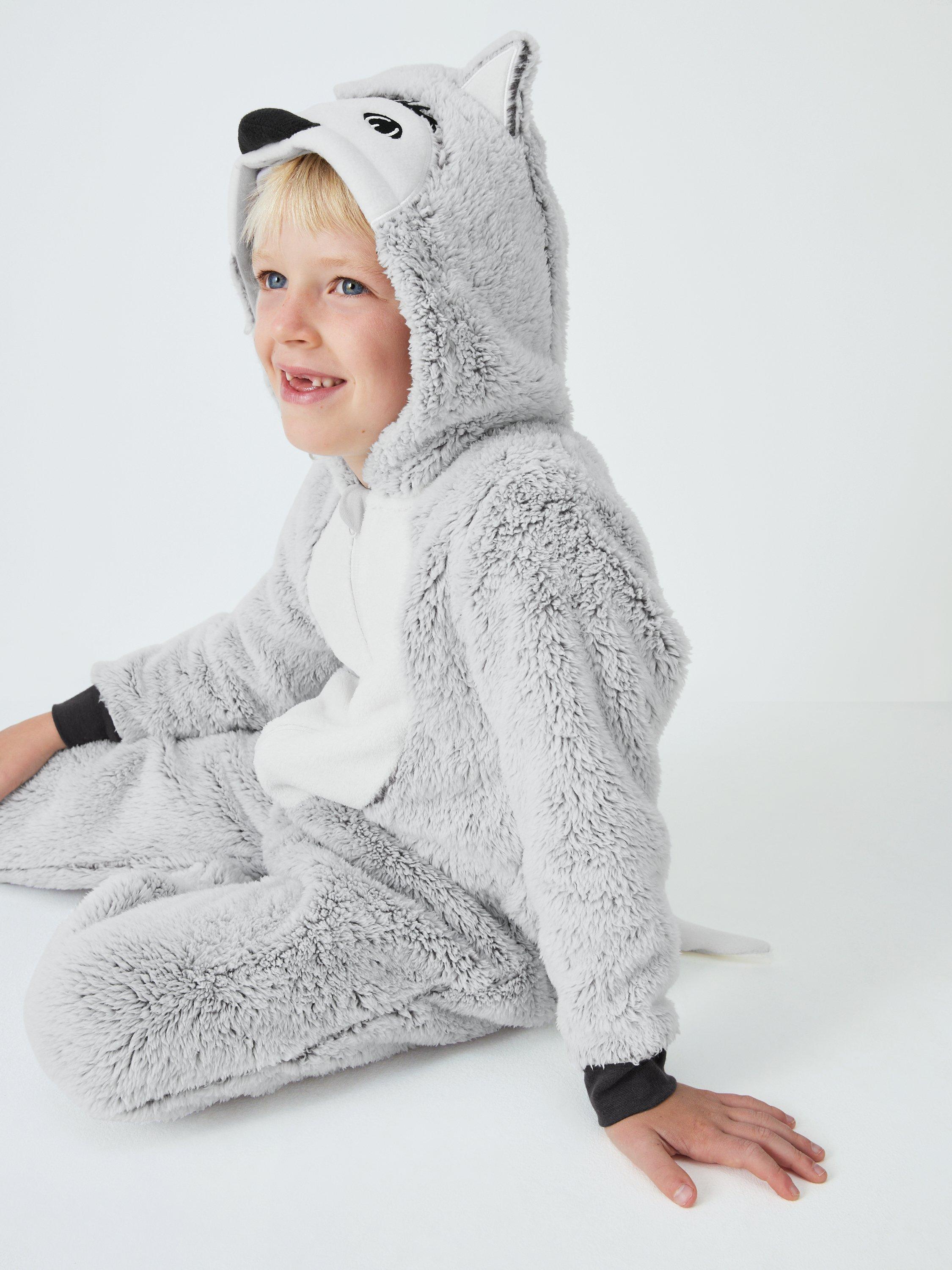 John Lewis Kids Wolf Sherpa Onesie Grey Multi