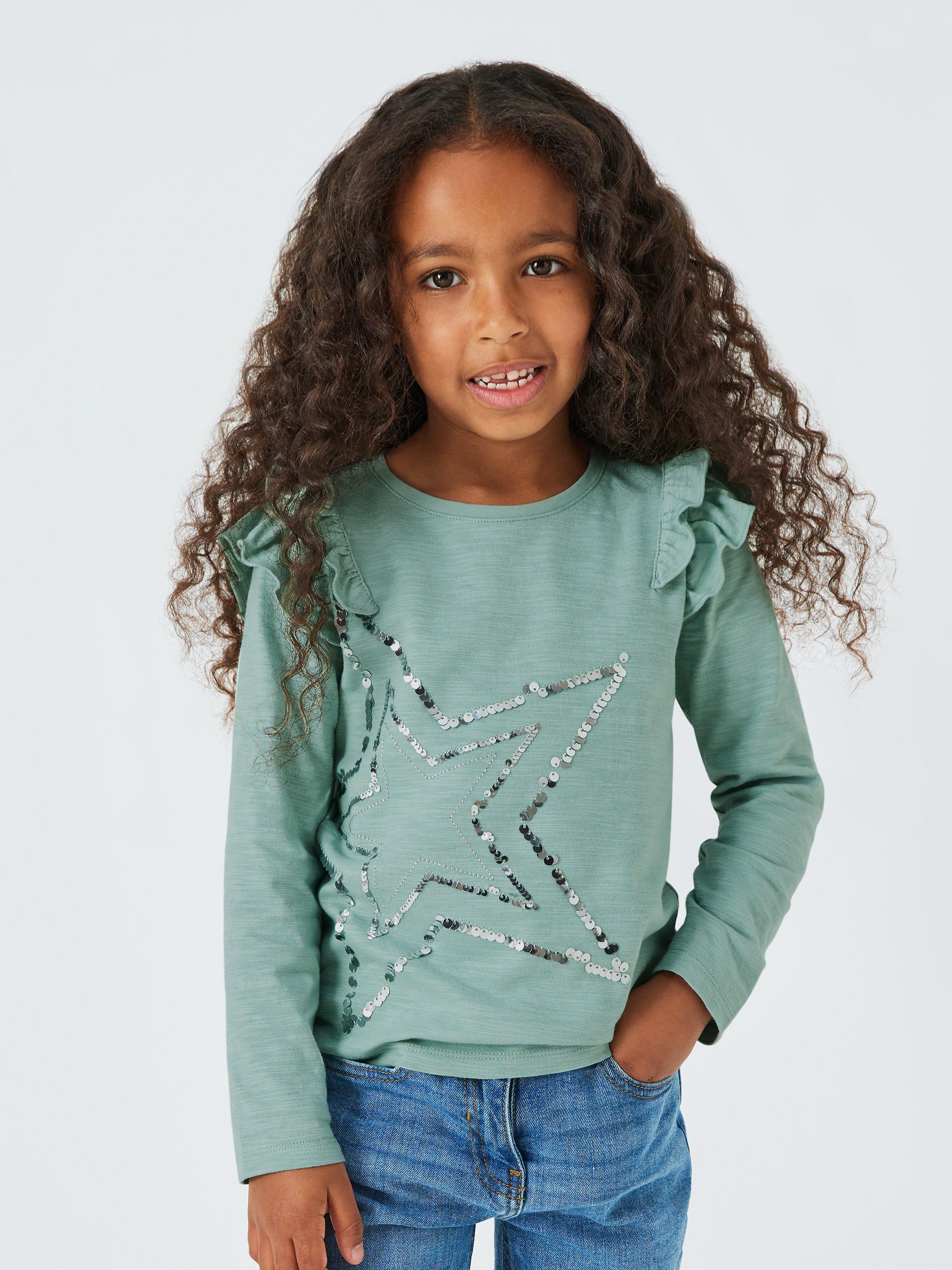 John Lewis Kids' Sequin Star Frill Top, Blue Surf