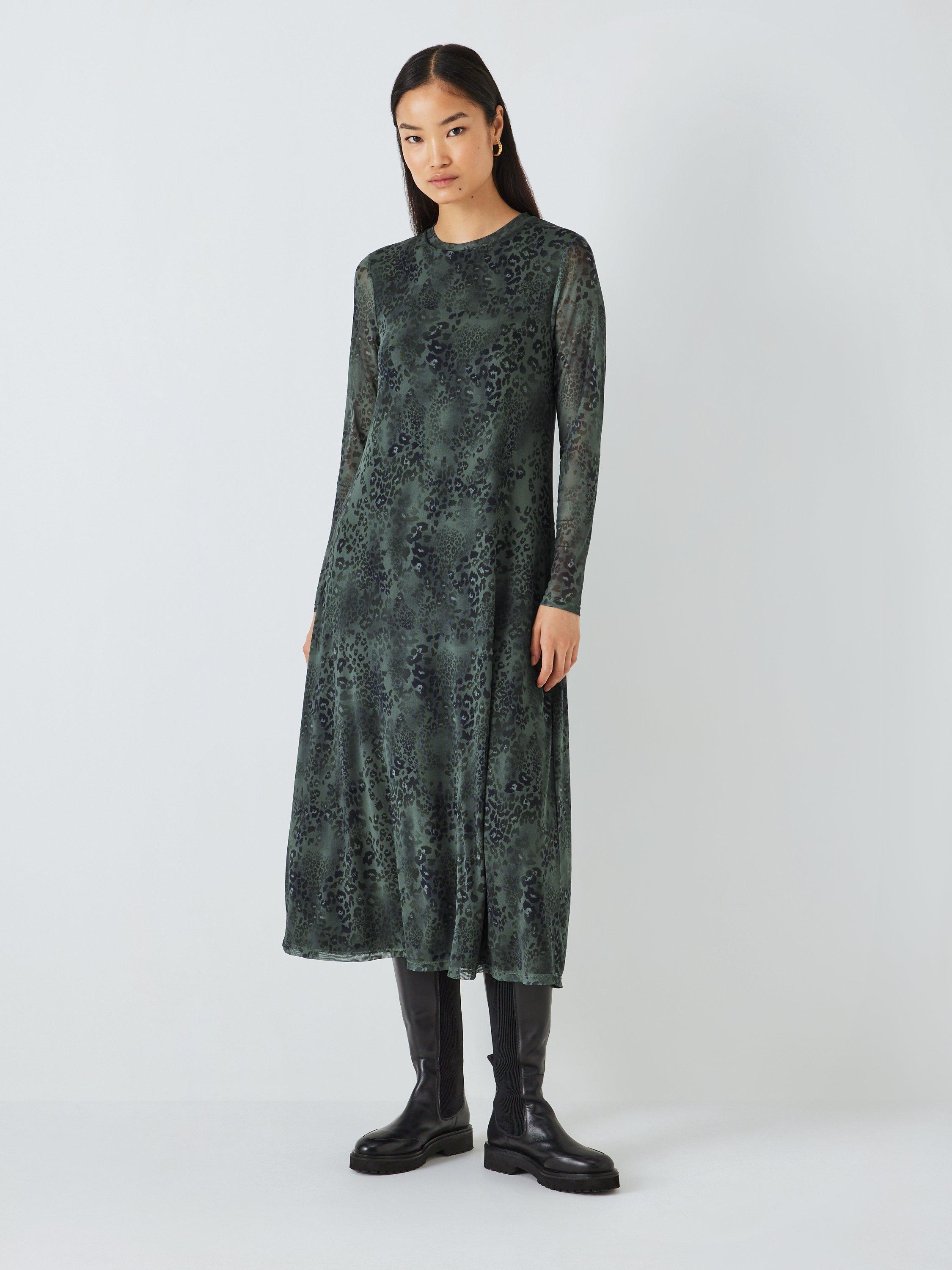 John Lewis ANYDAY Animal Mesh Midi Dress, Khaki