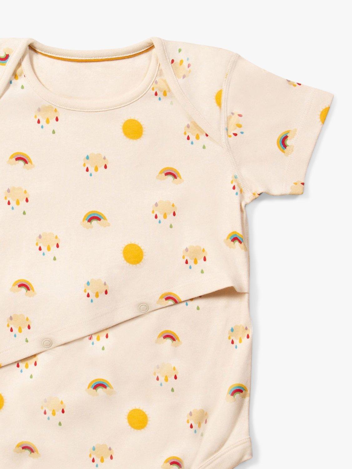 Product image 2 of 5, which shows Little Green Radicals Kids' Adaptive Organic Cotton Sunshine & Rainbow Print Bodysuit, Cream, 5-6 years