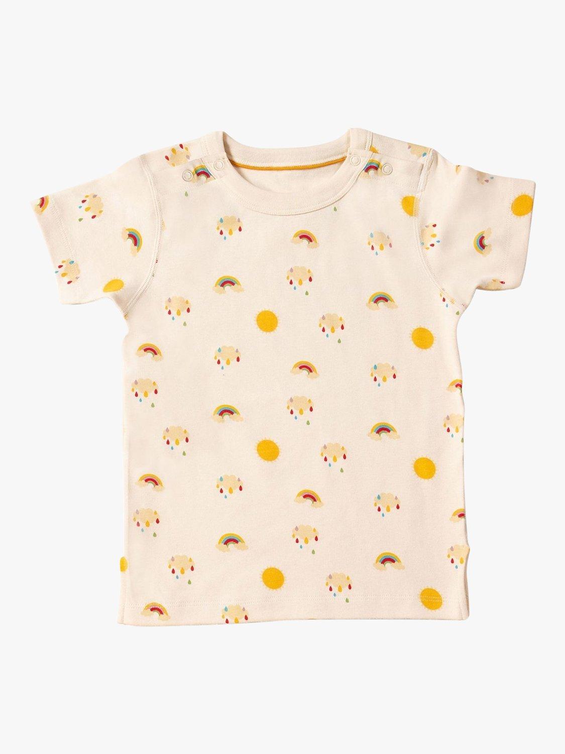 Product image 1 of 6, which shows Little Green Radicals Kids' Adaptive Organic Cotton Sunshine & Rainbow Print T-Shirt, Cream, 18-24 months
