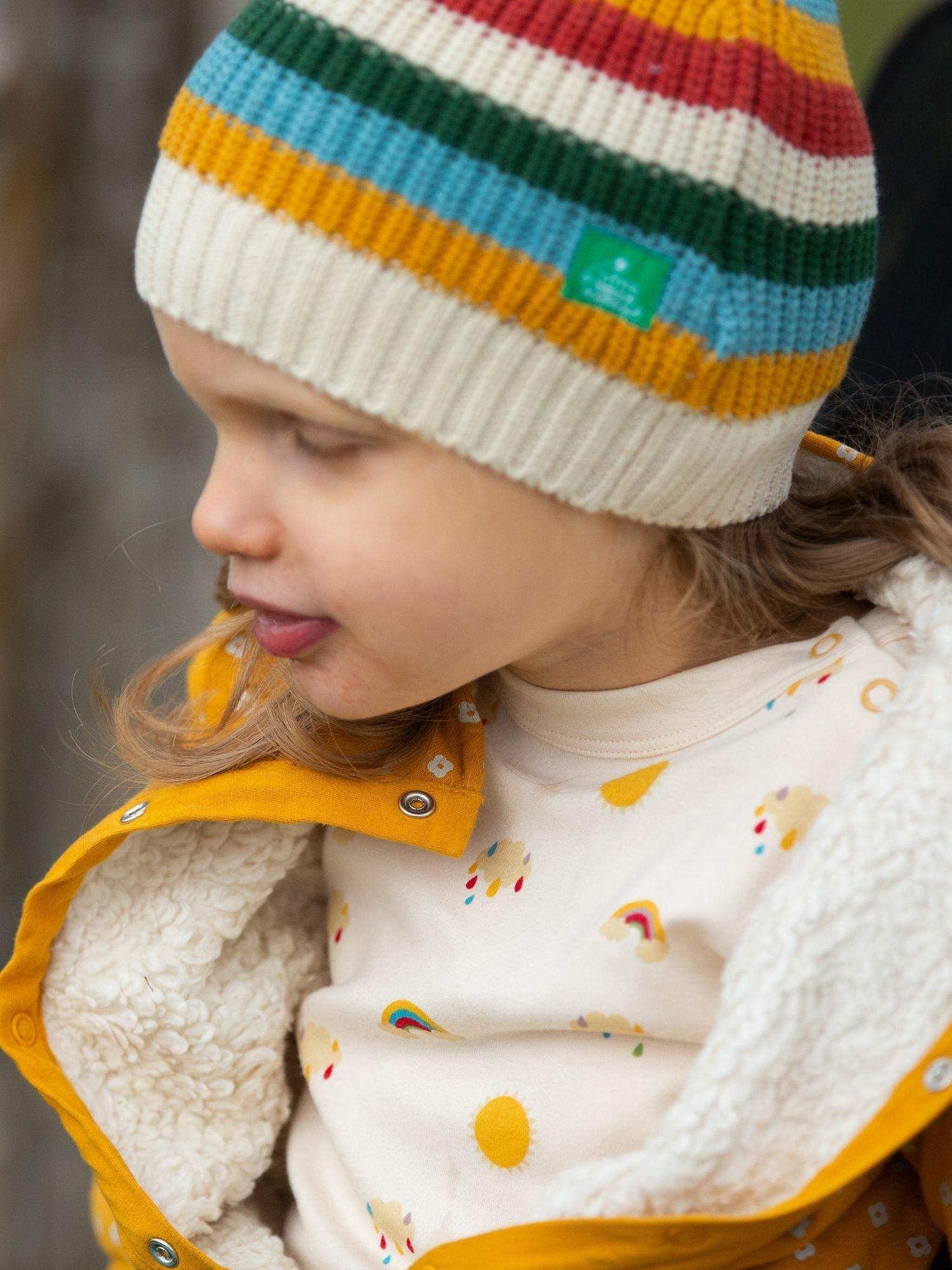Product image 5 of 6, which shows Little Green Radicals Kids' Adaptive Organic Cotton Sunshine & Rainbow Print T-Shirt, Cream, 18-24 months