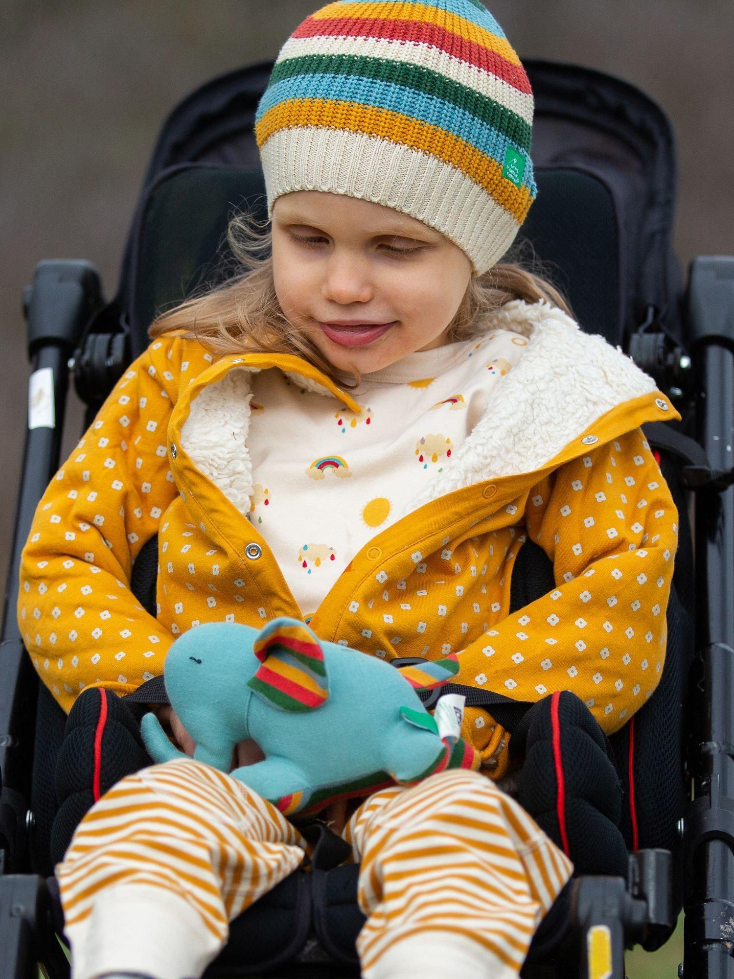 Product image 6 of 6, which shows Little Green Radicals Kids' Adaptive Organic Cotton Sunshine & Rainbow Print T-Shirt, Cream, 18-24 months
