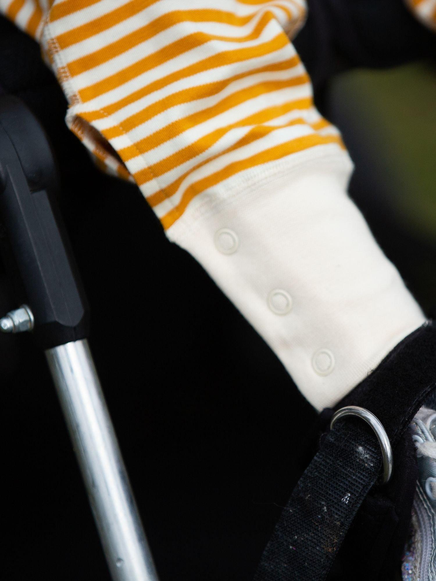Product image 4 of 6, which shows Little Green Radicals Kids' Adaptive Striped Joggers, Gold, 18-24 months