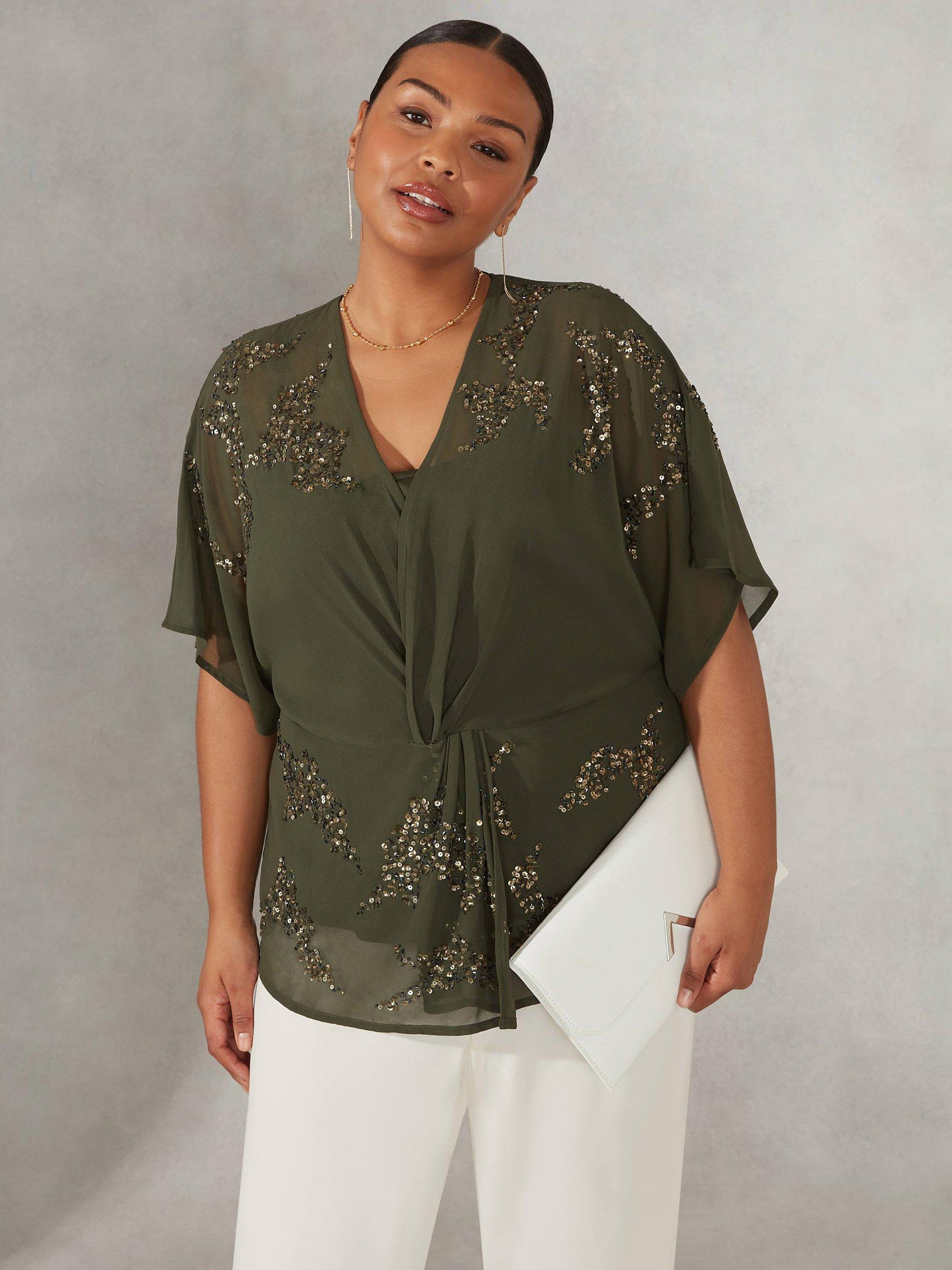 Live Unlimited Curve Twist Front Embellished Top, Khaki