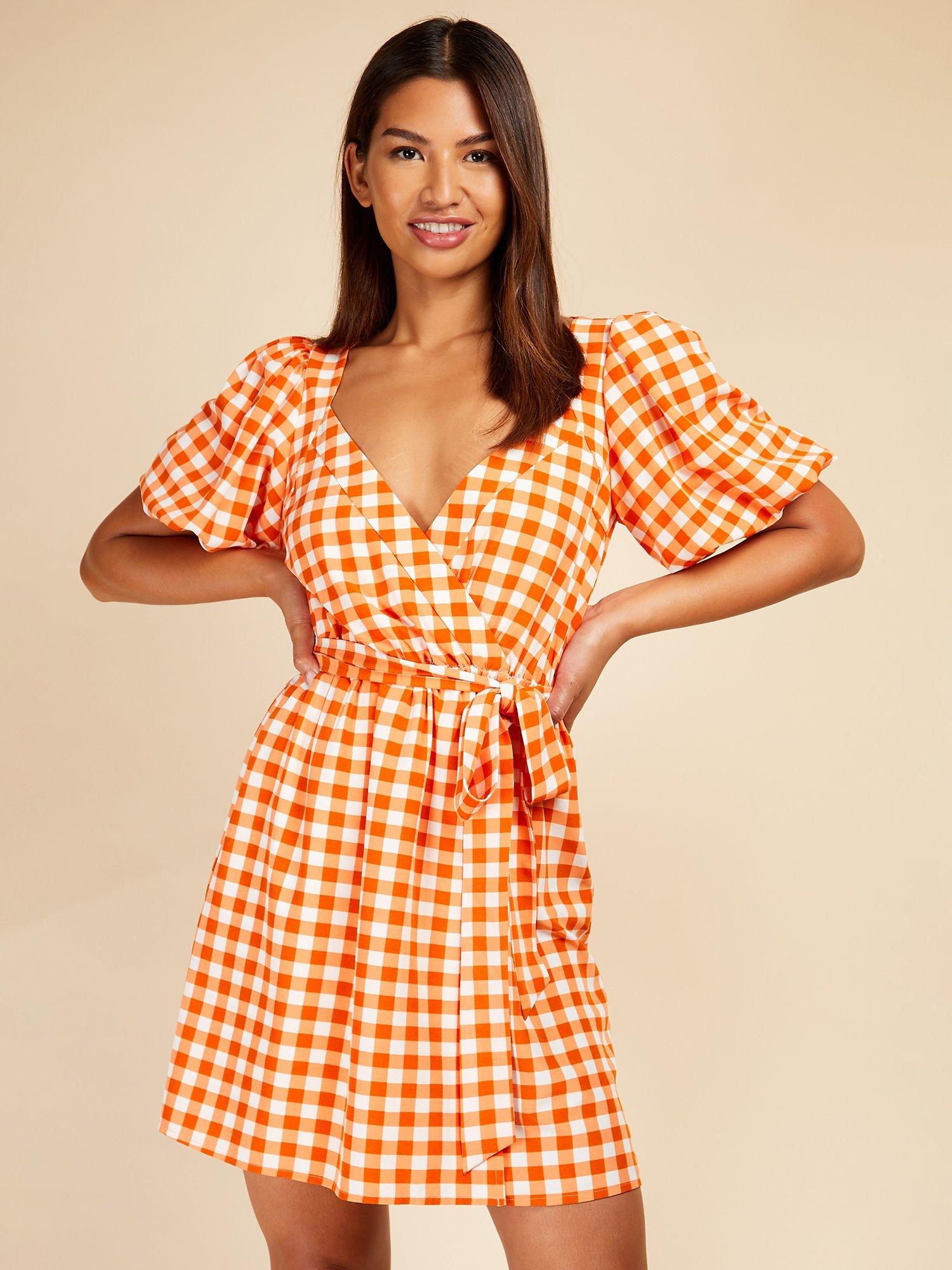 Little Mistress Gingham Wrap Mini Dress, Orange