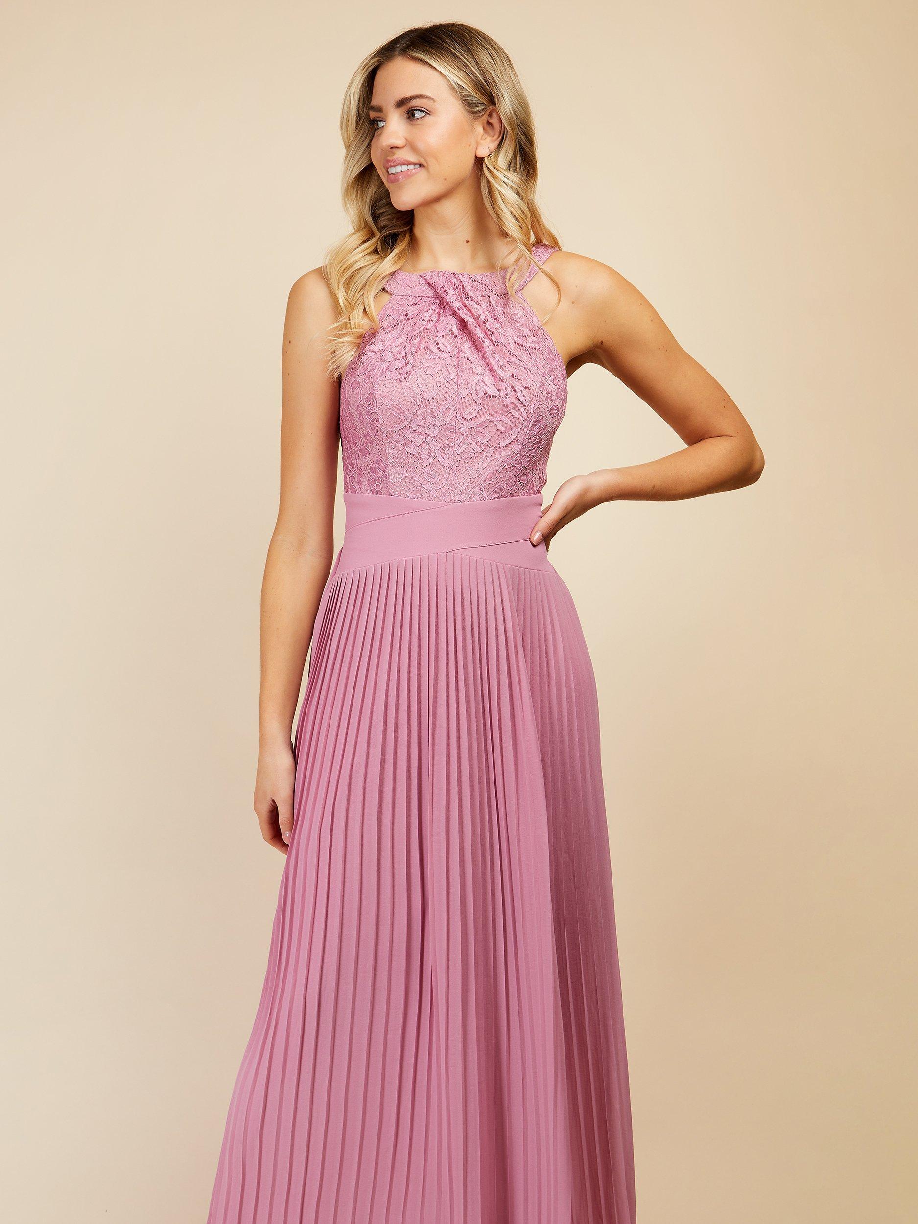 Little Mistress Lace Embroidered Pleated Maxi Bridesmaid Dress, Rose Quartz