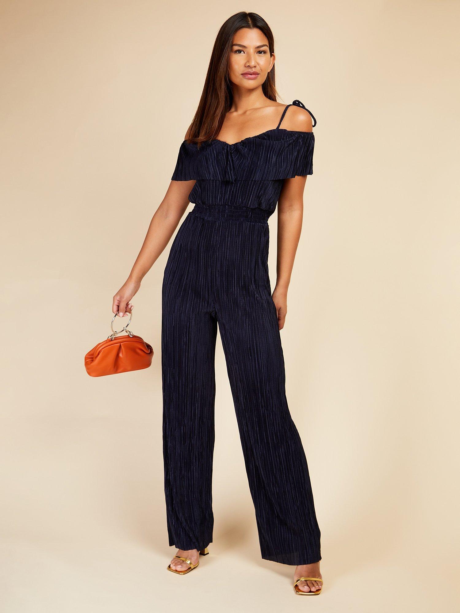 Product image 3 of 4, which shows Little Mistress Plain Plisse Jumpsuit, Navy, 6