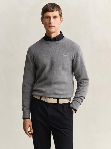 GANT Classic Cotton Crew Neck Jumper, Evening Blue, 092 Dk Grey Melange