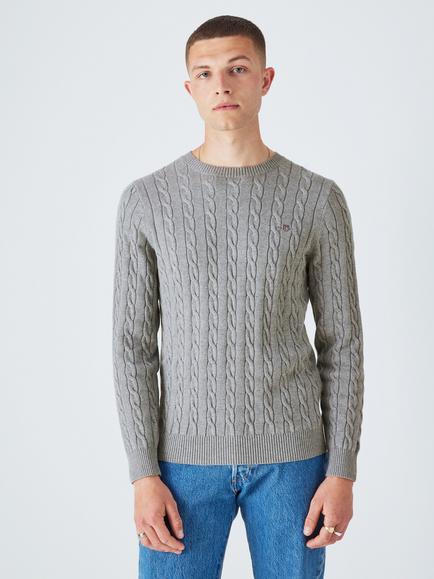 GANT Cotton Cable Knit Crew Neck Jumper, Grey Melange