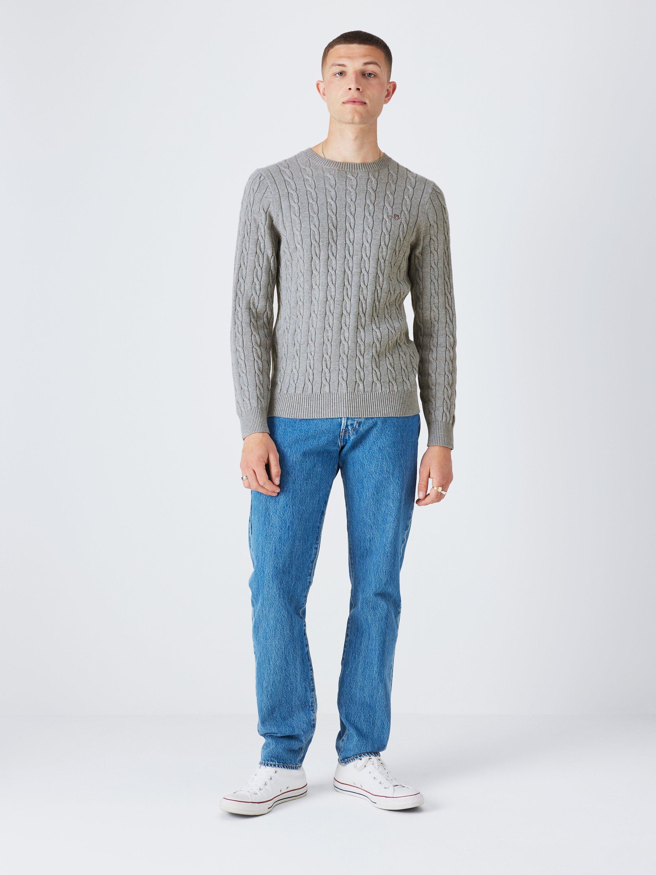 Product image 3 of 6, which shows GANT Cotton Cable Knit Crew Neck Jumper, Grey Melange, XL