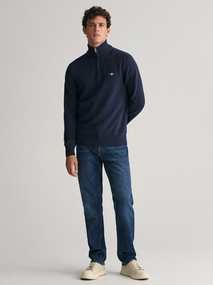 GANT Cotton Half Zip Collar Jumper - view 2, Evening Blue