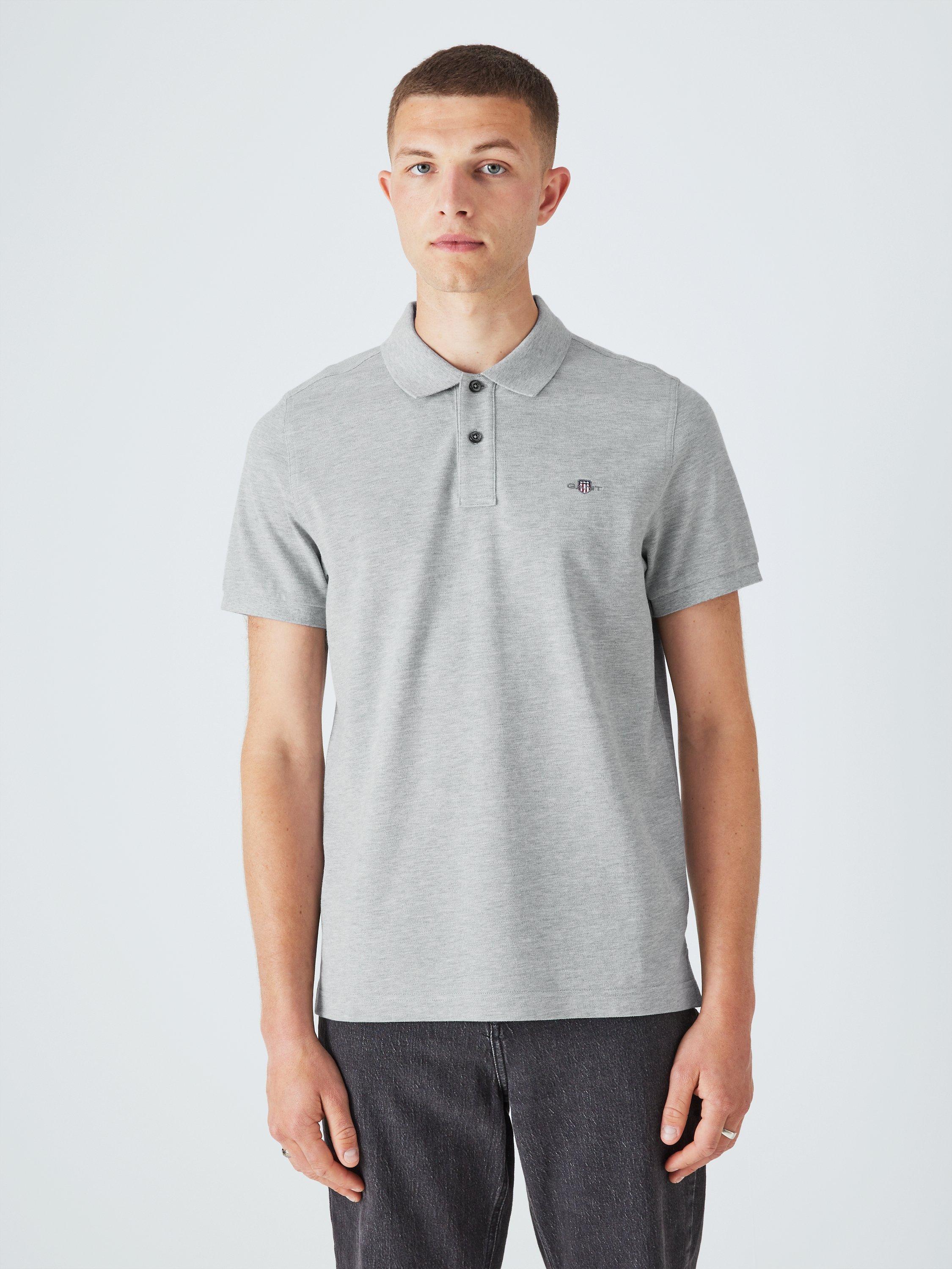 Product image 1 of 5, which shows GANT Piqué Shield Short Sleeve Regular Fit Polo Shirt, Grey Melange, S