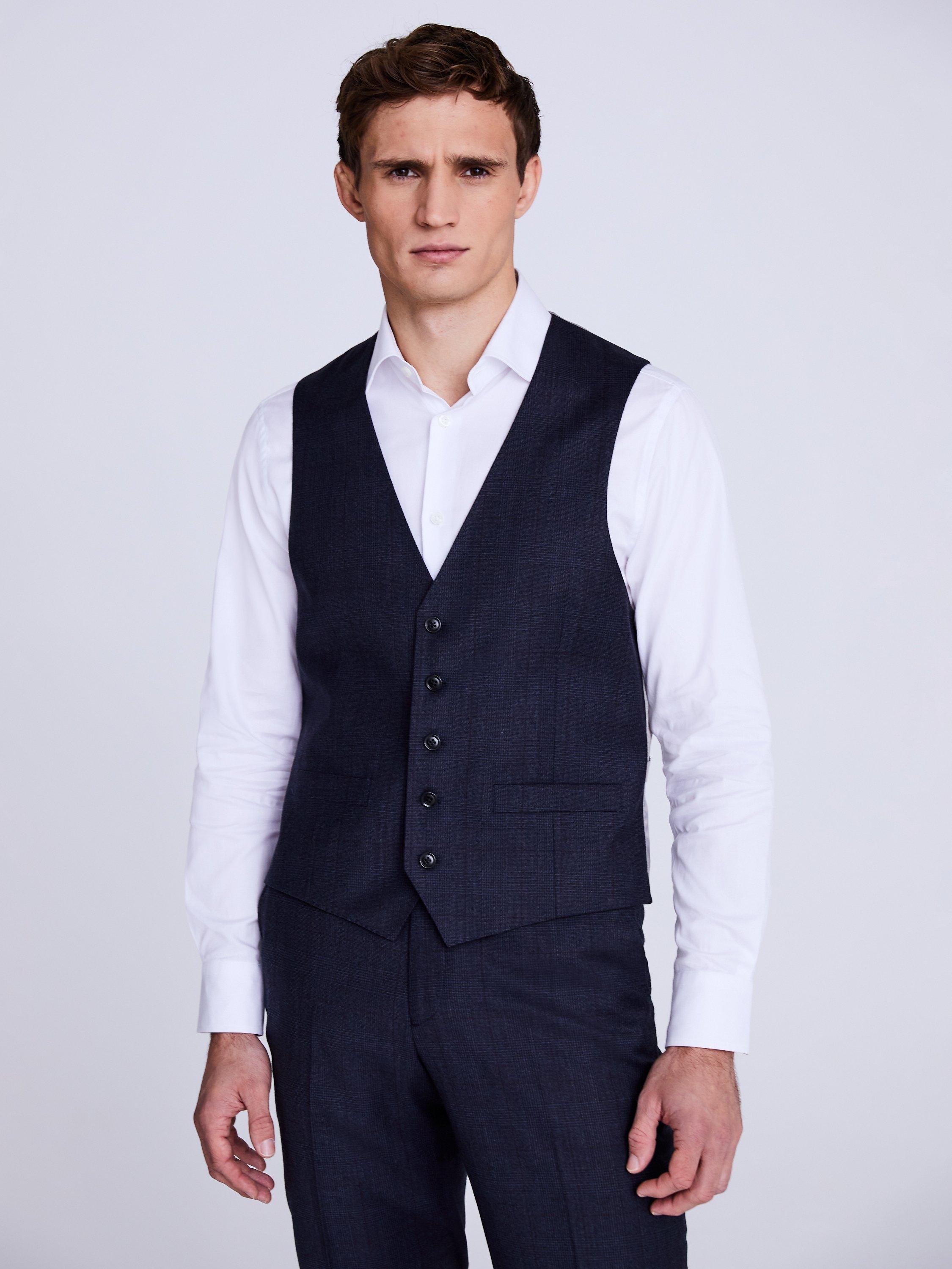 Moss 1851 Performance Regular Fit Check Suit Waistcoat, Navy