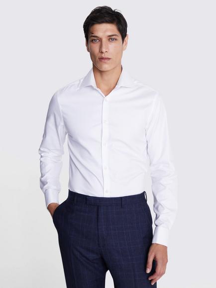 Moss Slim Fit Double Cuff Twill Shirt, White, White