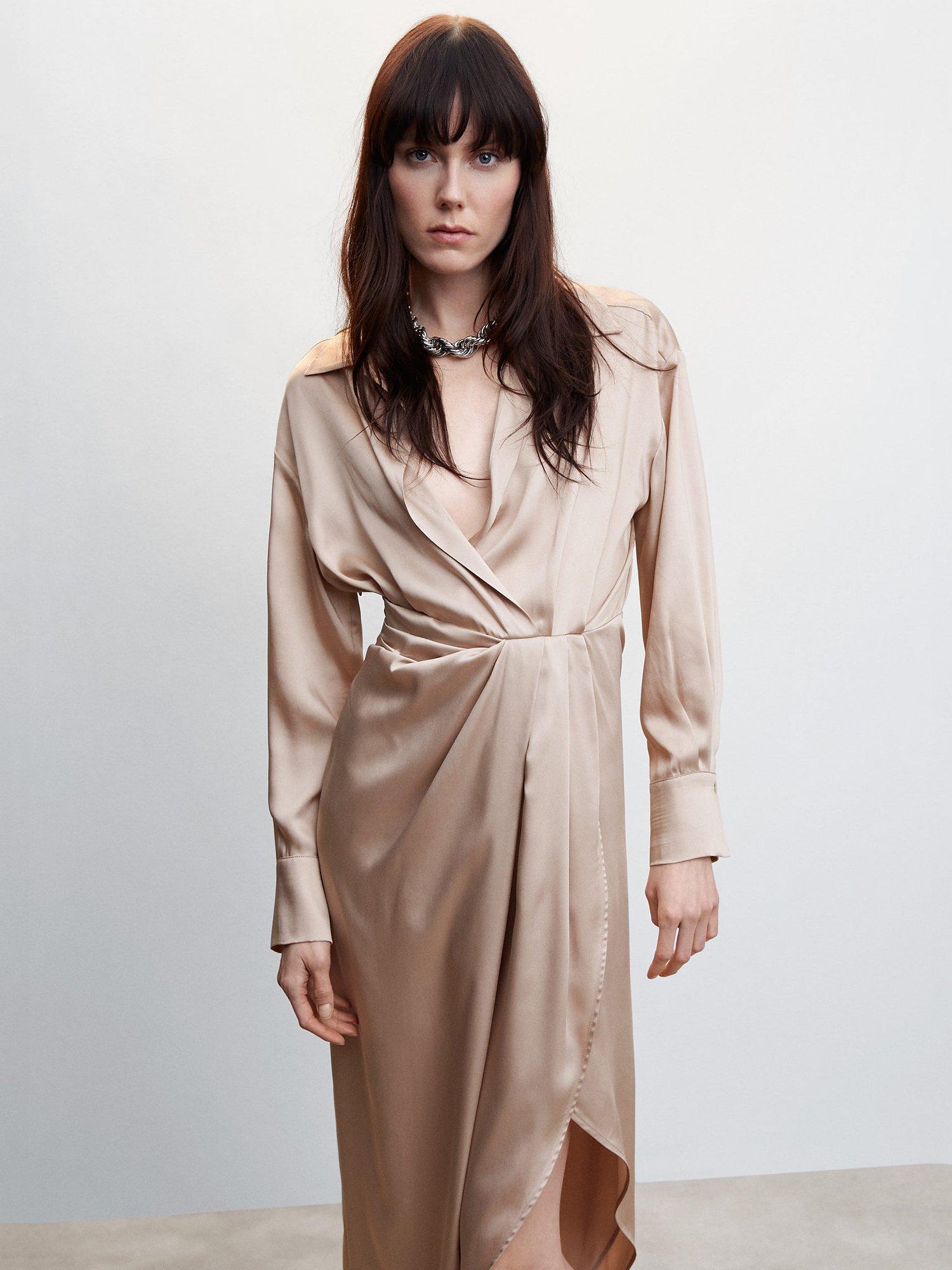 Mango Asymmetric Satin Midi Dress, Light Beige