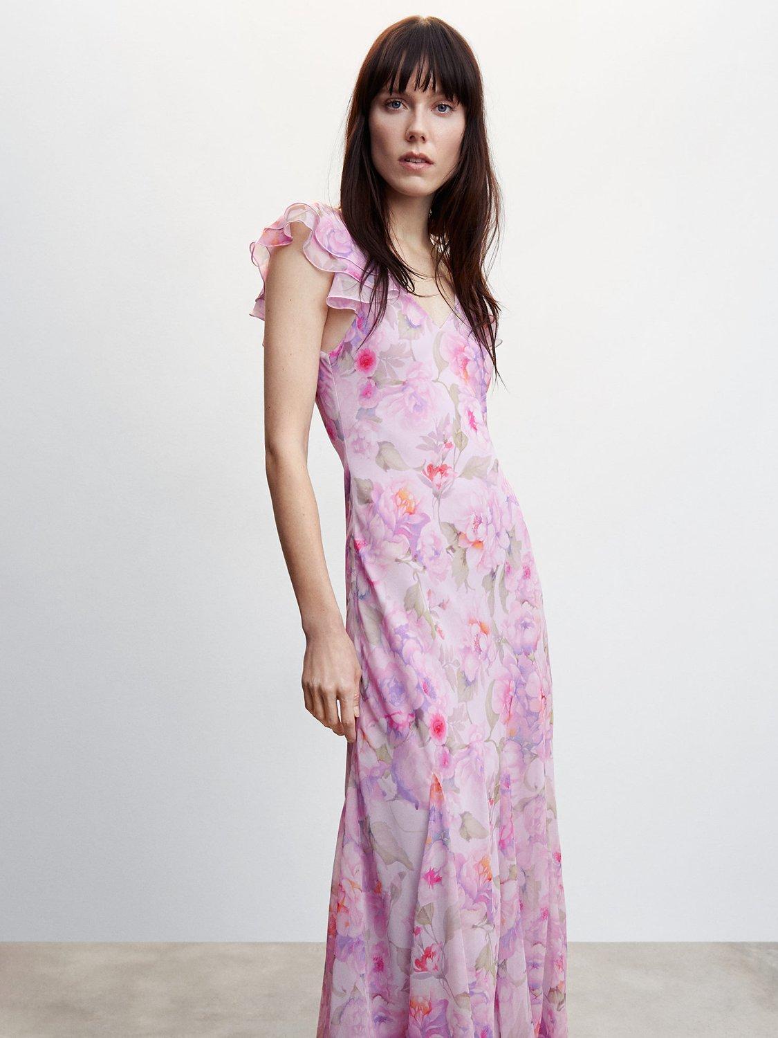 Mango Molly Ruffled Floral Print Dress, Pastel Pink