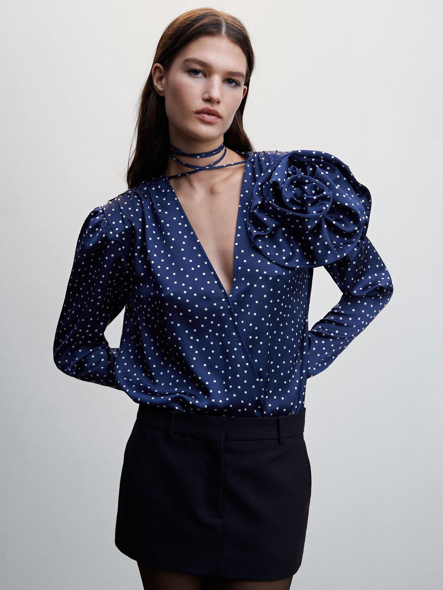 Mango Adela Satin Polka Dot Blouse, Blue