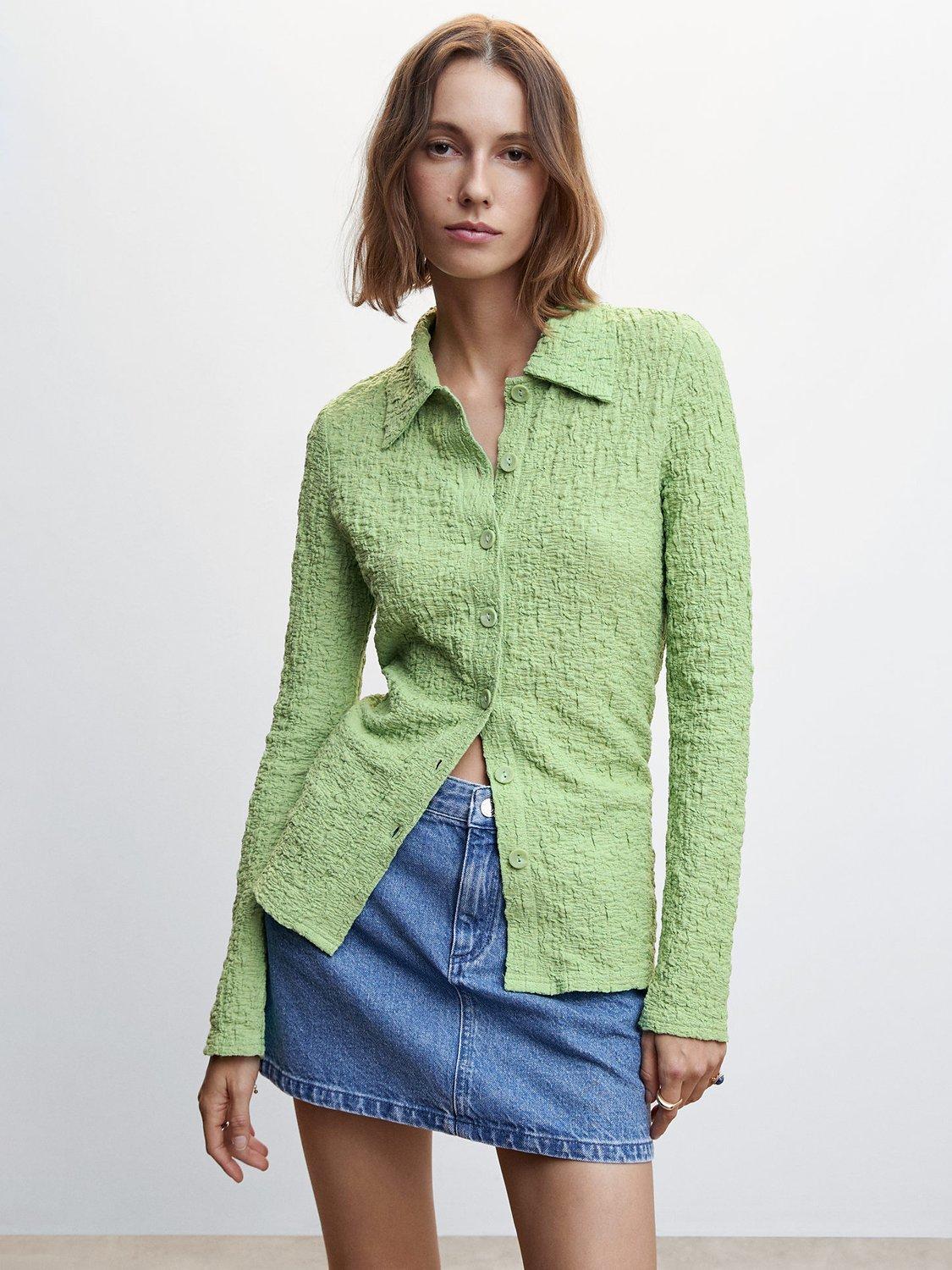 Mango Crunchy Textured Button Down Shirt, Green
