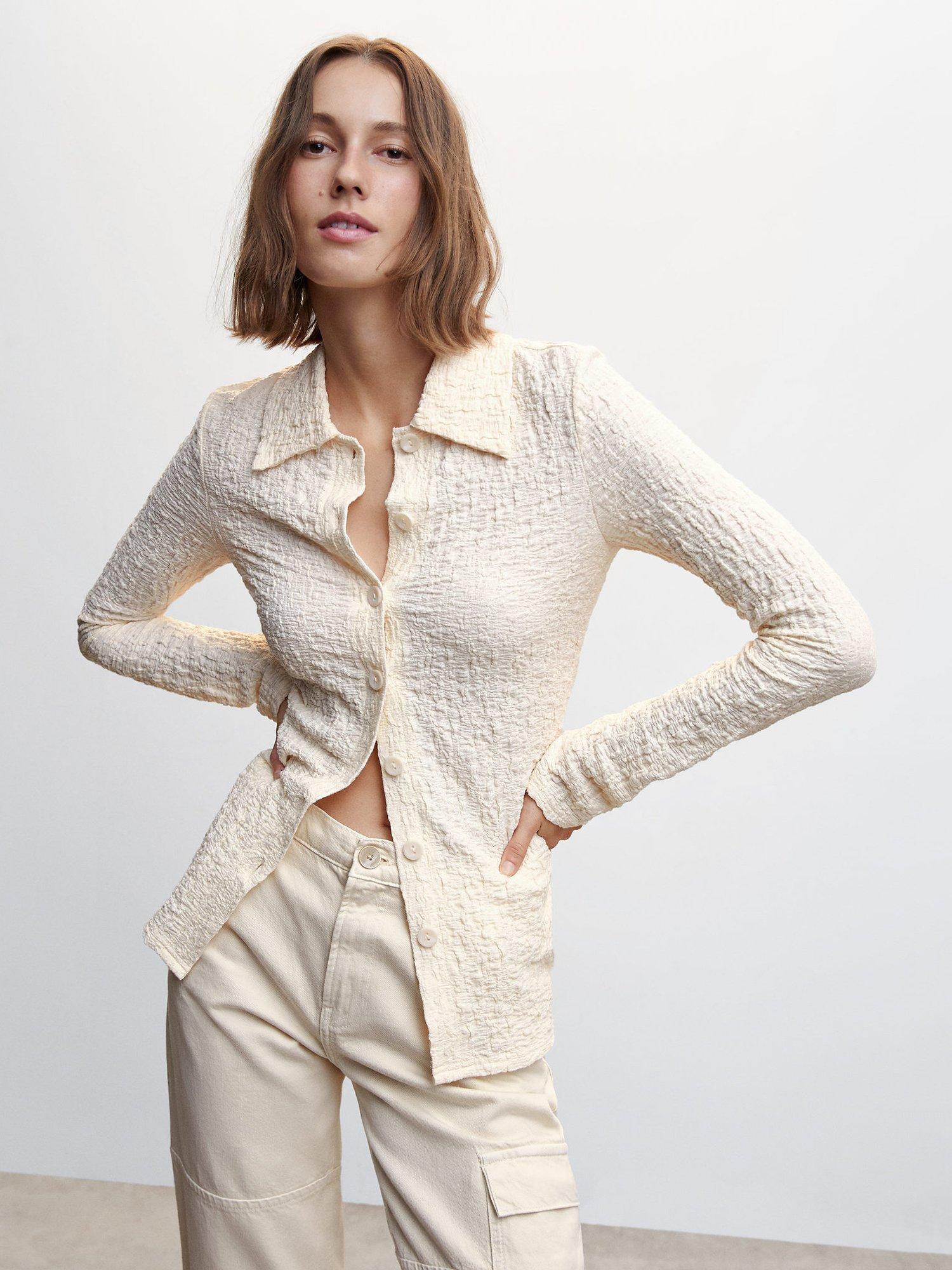 Mango Crunchy Textured Button Down Shirt, Light Beige