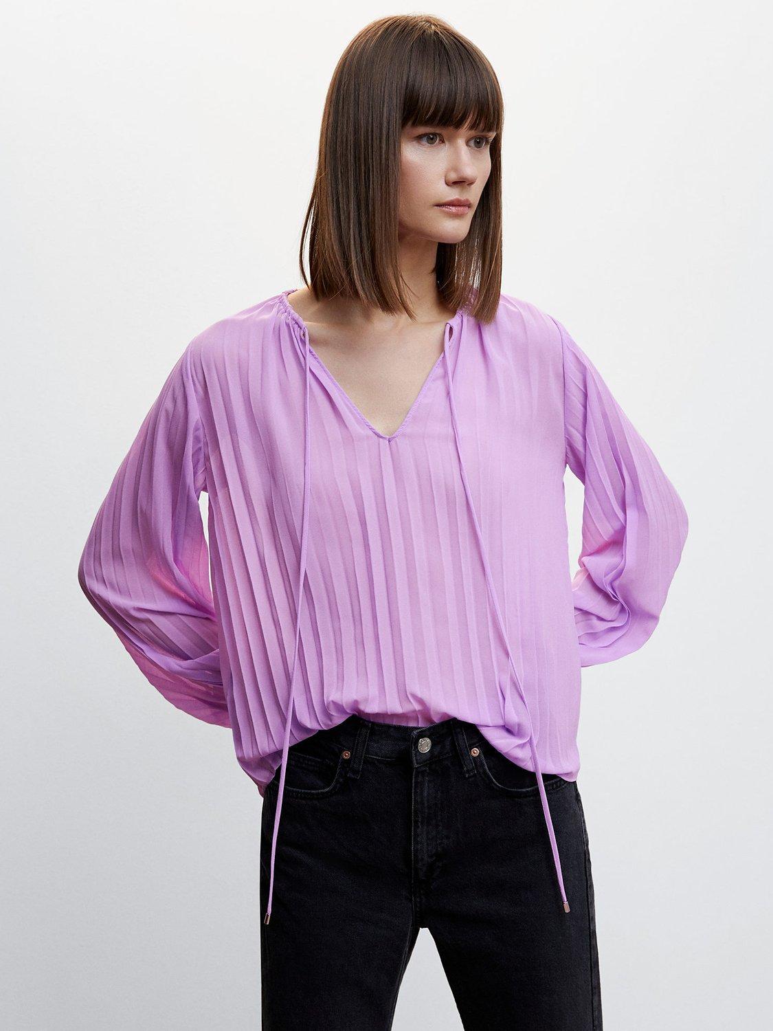 Mango Plis Pleated Puff Sleeve Blouse, Light Pastel Purple