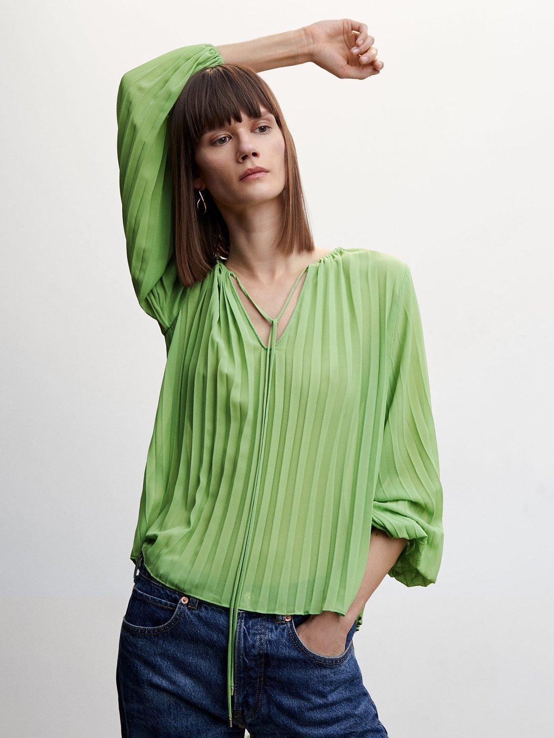 Mango Plis Pleated Puff Sleeve Blouse