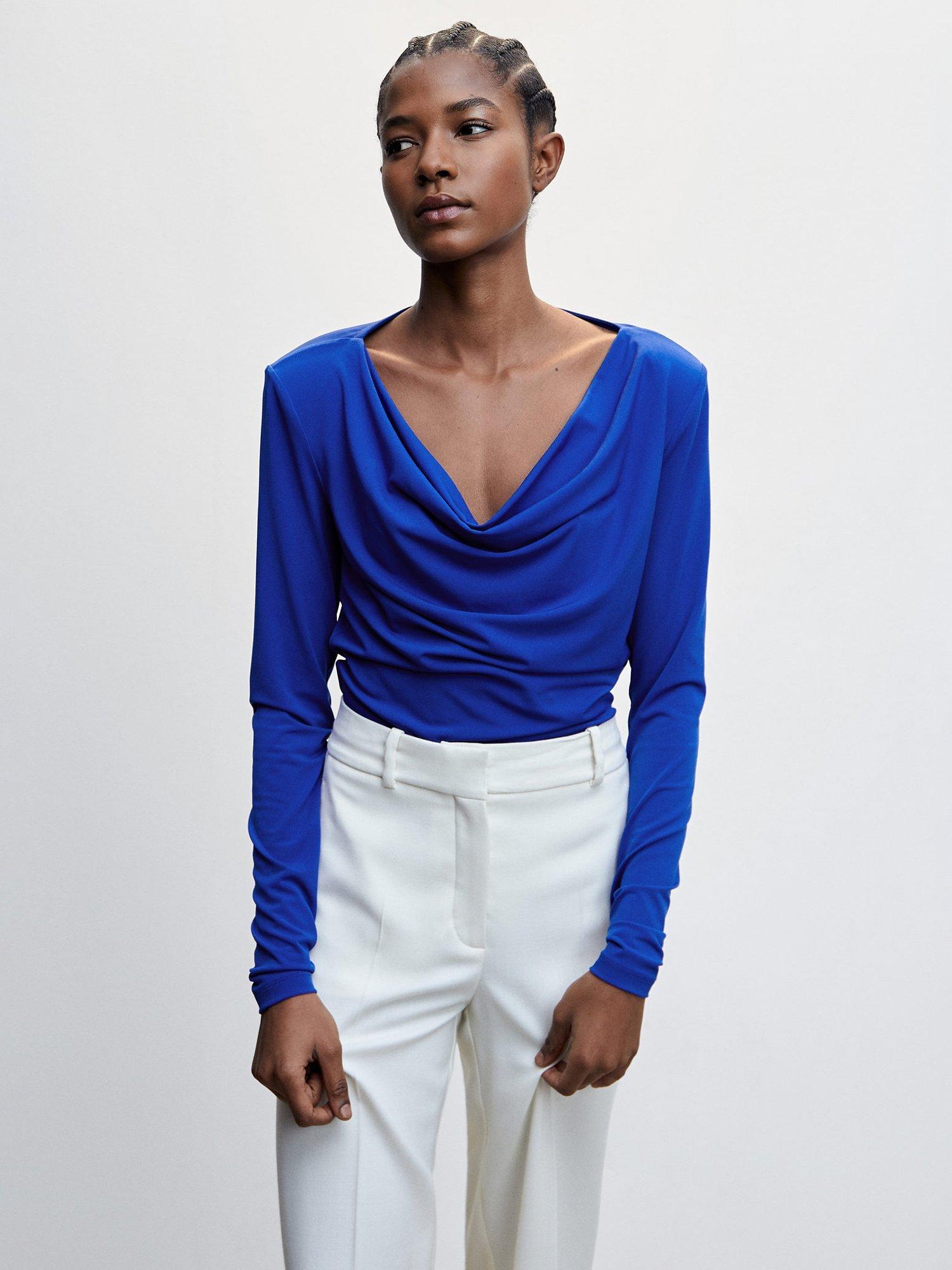 Mango Draped Neckline Top, Bright Blue