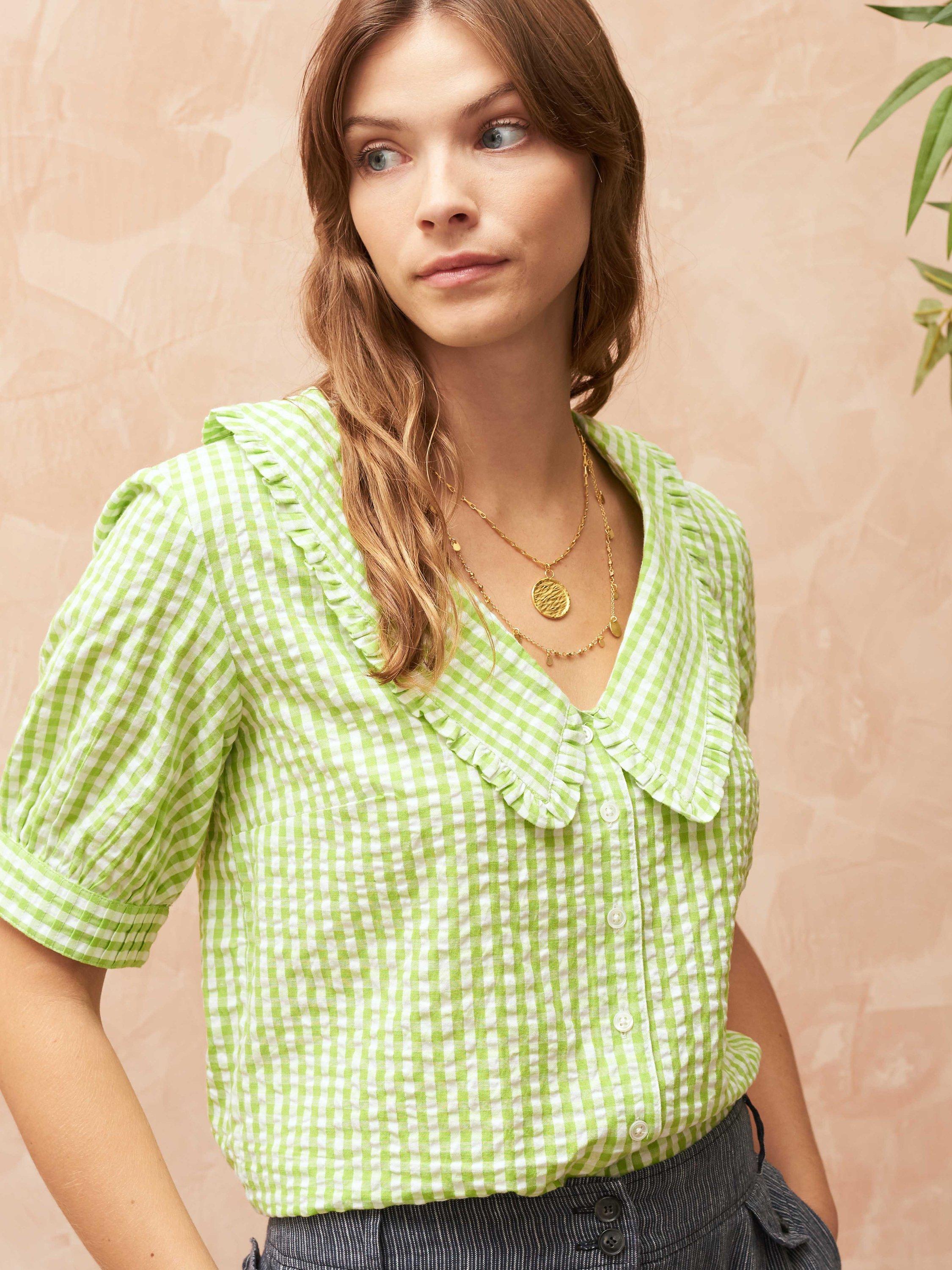 Brora Cotton Gingham Chelsea Collar Blouse, Lime Green