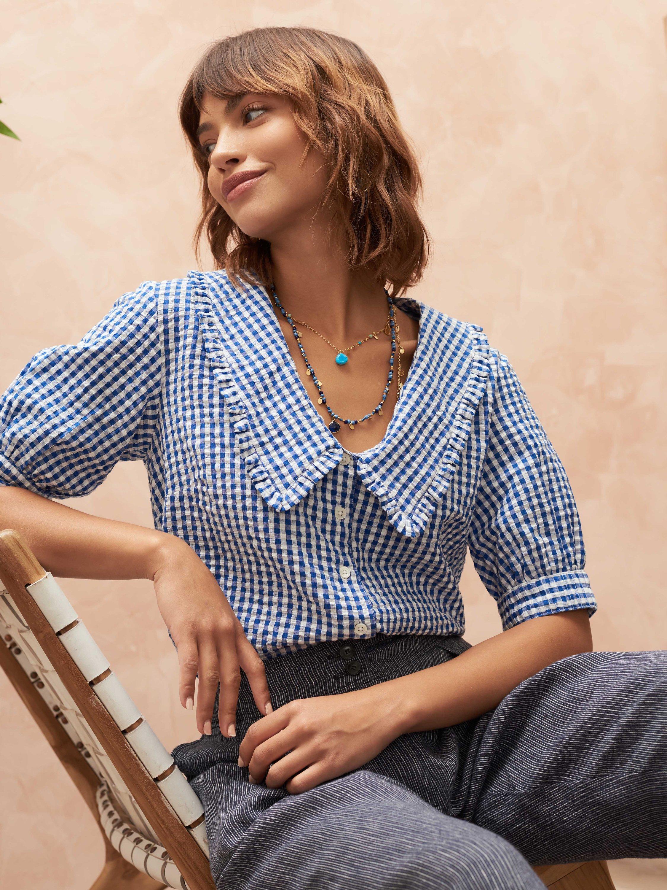 Brora Cotton Gingham Chelsea Collar Blouse, Cobalt
